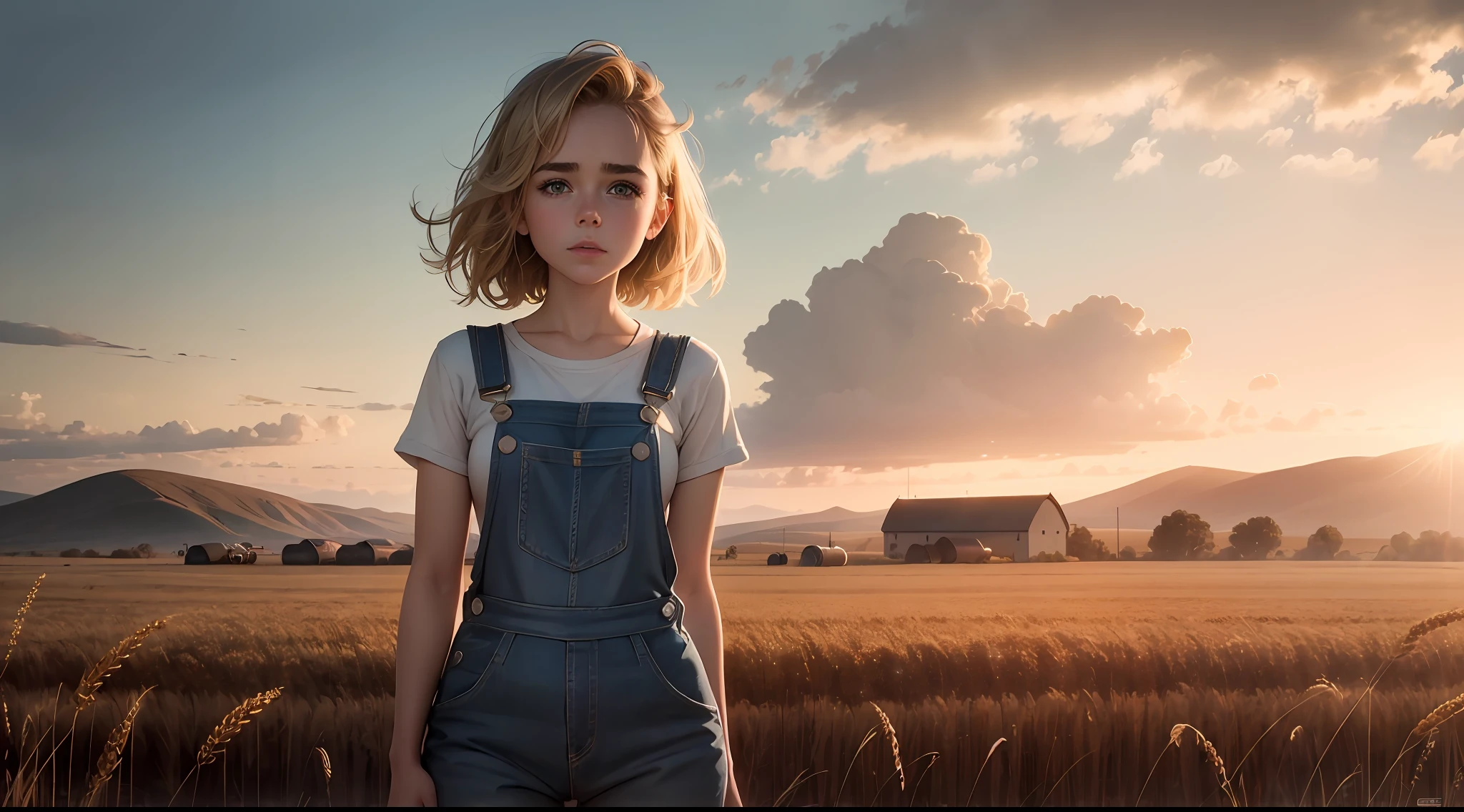 gorgeous woman ("kiernan shipka"), behind view, pale shinny skin, in a wheat field farm, overalls only, no shirt, warm light, ray tracing, backlighting, UHD, anatomically correct, textured skin, super detail, award winning, masterpiece, 8k, best quality