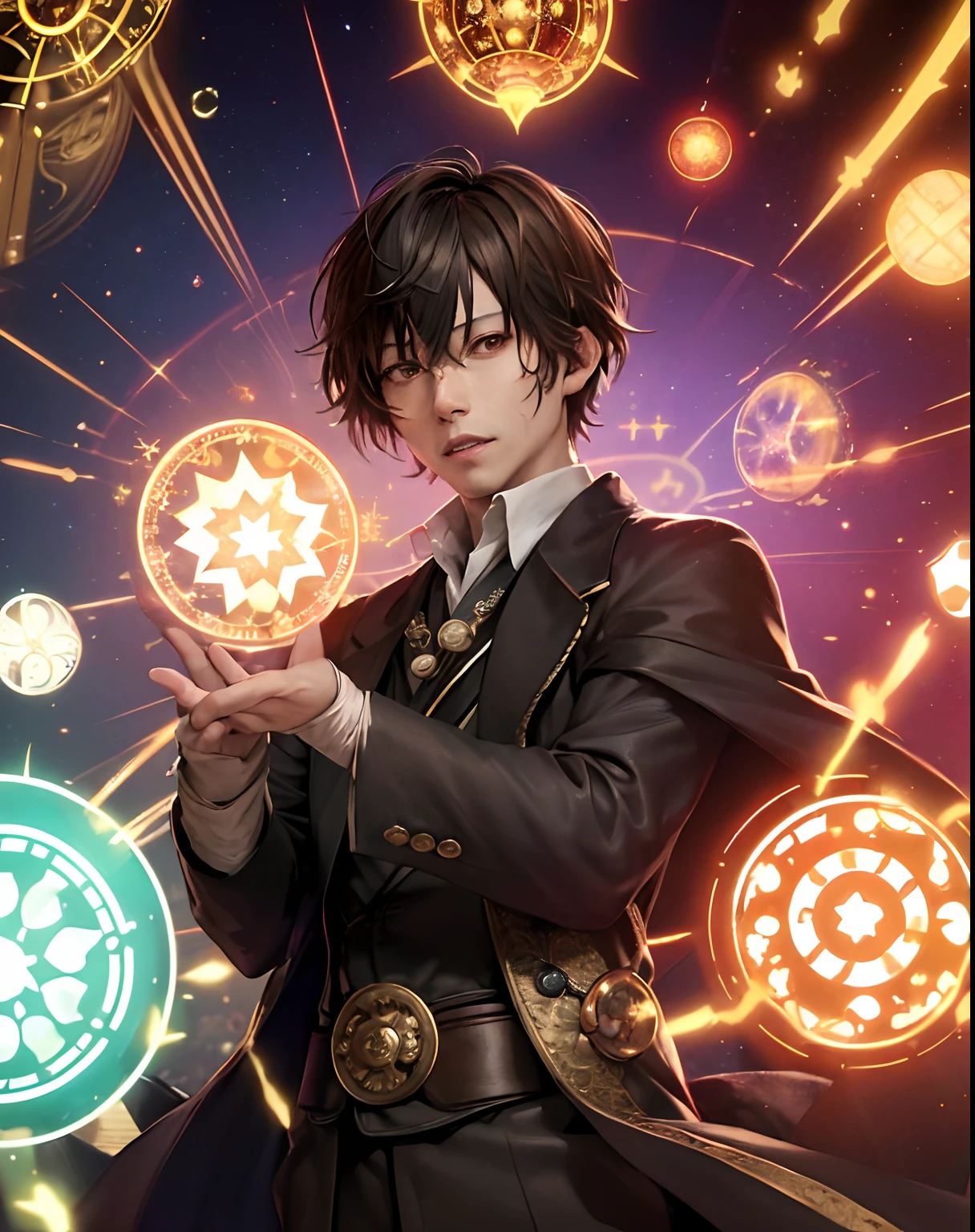 (​masterpiece、top-quality:1.2), The upper part of the body, 独奏, Male Focus, 1boy, dazai osamu, deadpan, Brown jacket, Painful face、fights、fighting poses、cowboy  shot、((Doctor Strange))、magia、magic circles、Red flash