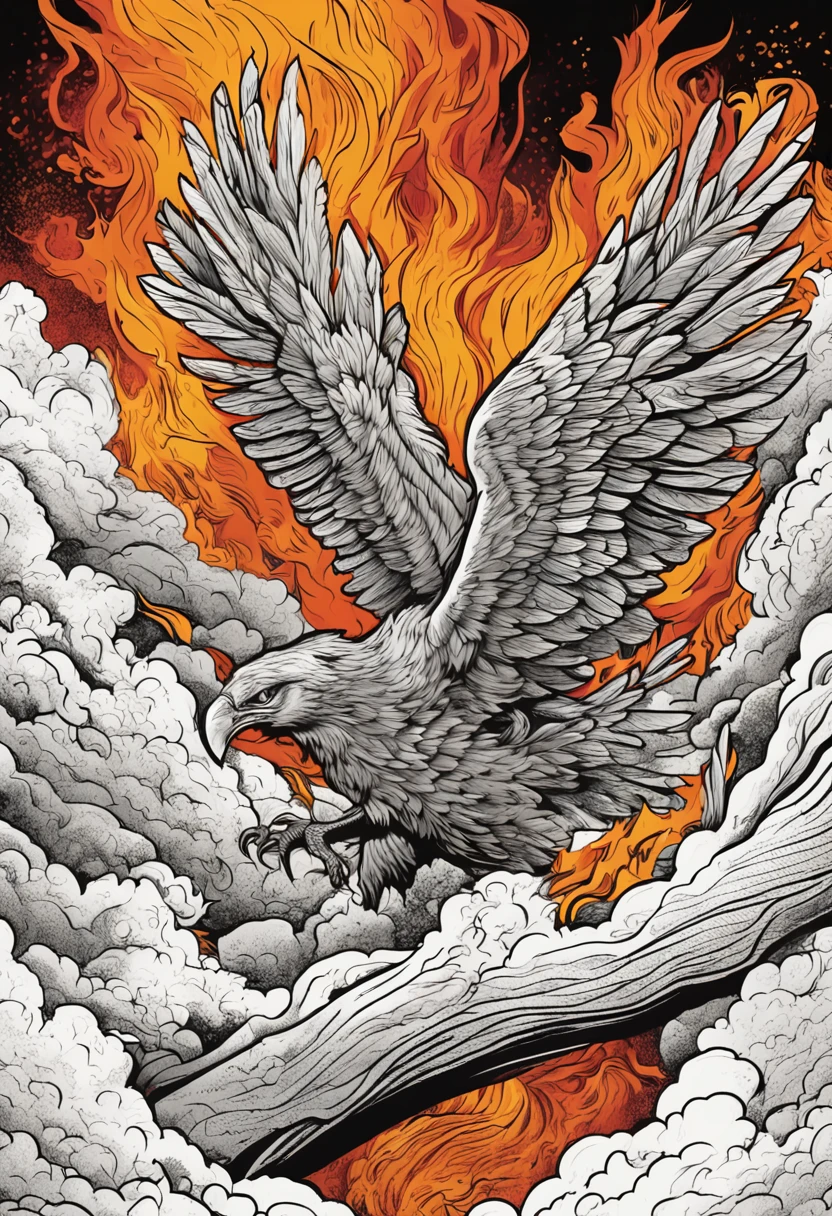 Develop an image with the representation of a phoenix flying over a burning forest, portraying firefighting actions OF THE MILITARY FIREFIGHTERS