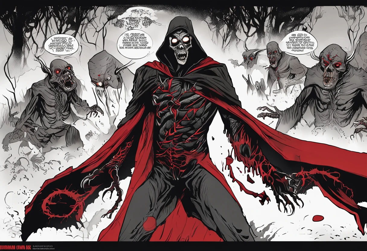 demonio vermelho e preto aterrorizante com unhas e garras em um cenario sombrio com nevoas e um clima escuro de terror, good composition, cores mortas, Jantar de terror, Gothic dinner, dark mist, Jantar macabro tenso, decomposition, Dark black liquid of the decomposing body, 12k resolution, sorriso do mal perverso, cena sombria escura em casa assombrada muito assustadora, ultra-detalhado, ((arte sombria)), πântano of horror, whole body view, head to toe, UHD