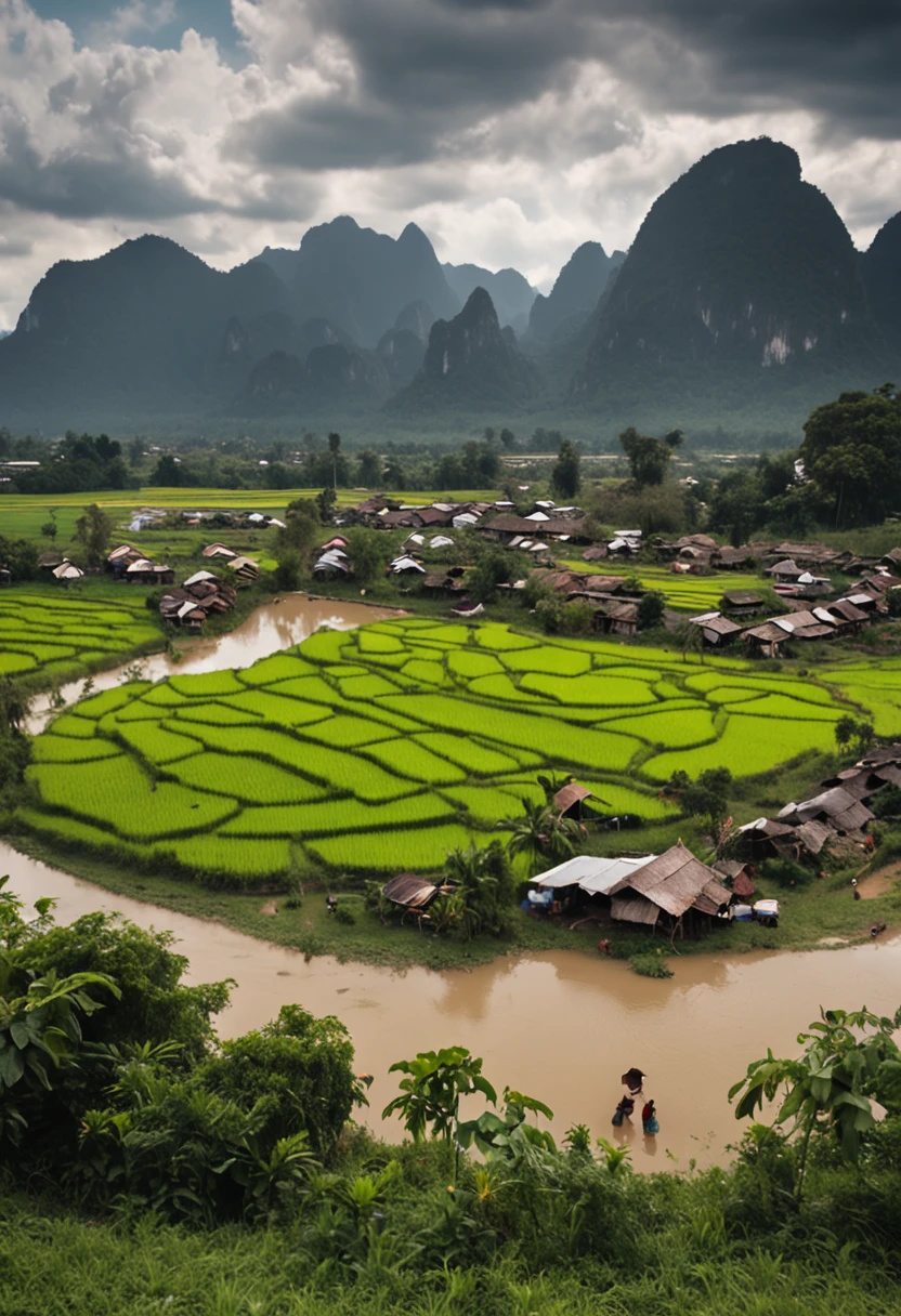 Vang Vieng Lao peasants are surrounded by small hills..，In the middle is a flat rice field with endless views..，Golden grain。There is a small river at the foot of the mountain..，On both sides of the river planted bamboo clusters..，Small children herding cows，While running happily in the fields..