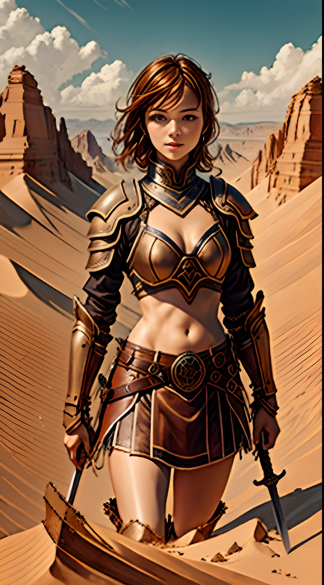high-level image quality、Camera image quality、Masterpiece、1womanl、A warrior、Brown hair short、With a short sword、A desert、Fine scratches on the body、Leather armor、