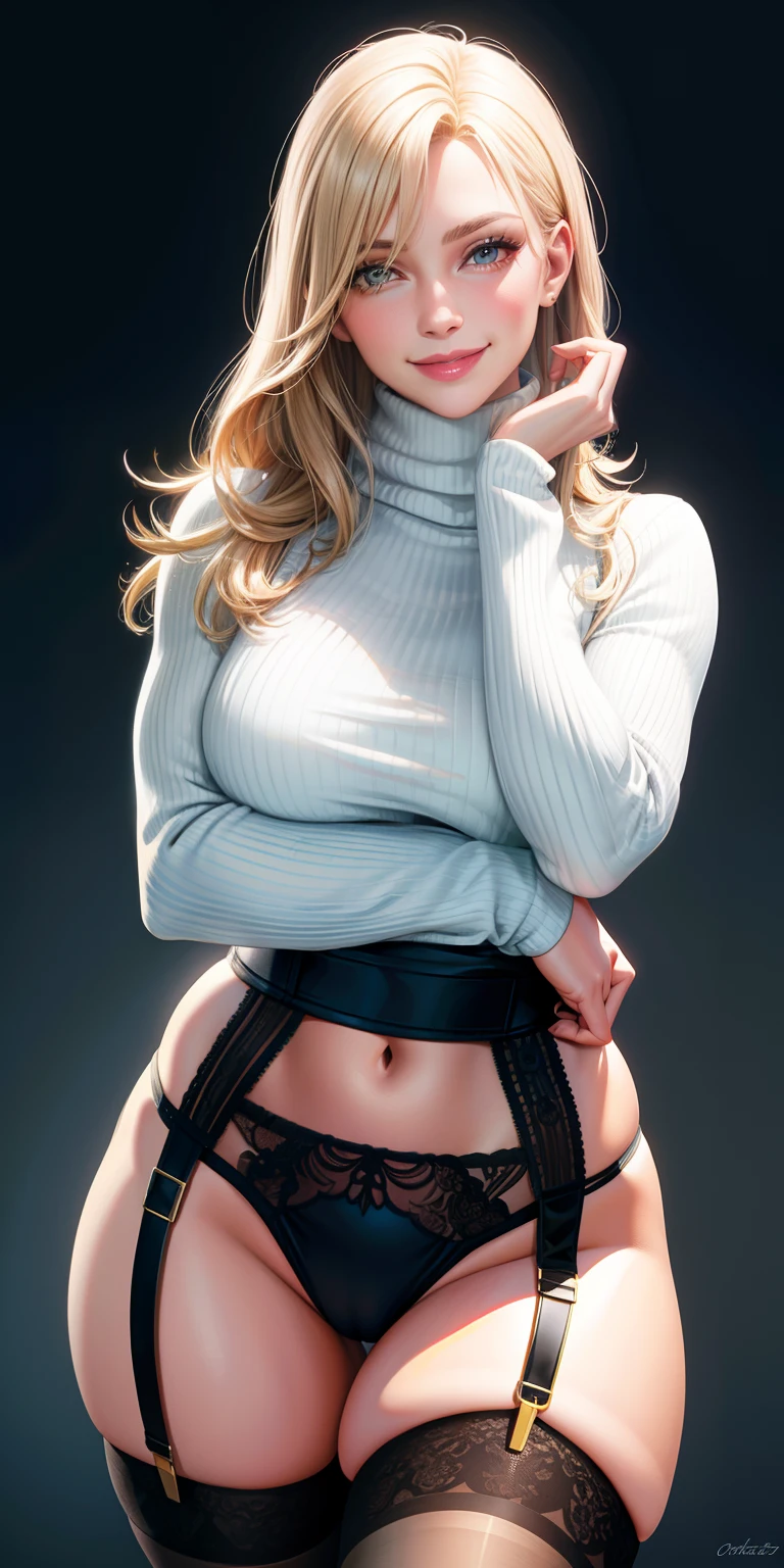 realistic, woman, turtleneck sweater wearing, garter belt wearing, sexy pose, smiling face