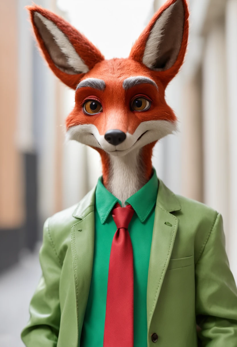 Araffe em um casaco verde e camisa vermelha segurando um papel, an anthropomorphic cyberpunk fox, anthropomorphic fox, an anthropomorphic fox, personagem peludo, Nick Wilde, Zootopia, ( ( usando um casaco longo ) ), Retrato de personagem peludo, Retrato de corpo inteiro do personagem, generic furry style, ele usa um casaco grande, uma raposa antro