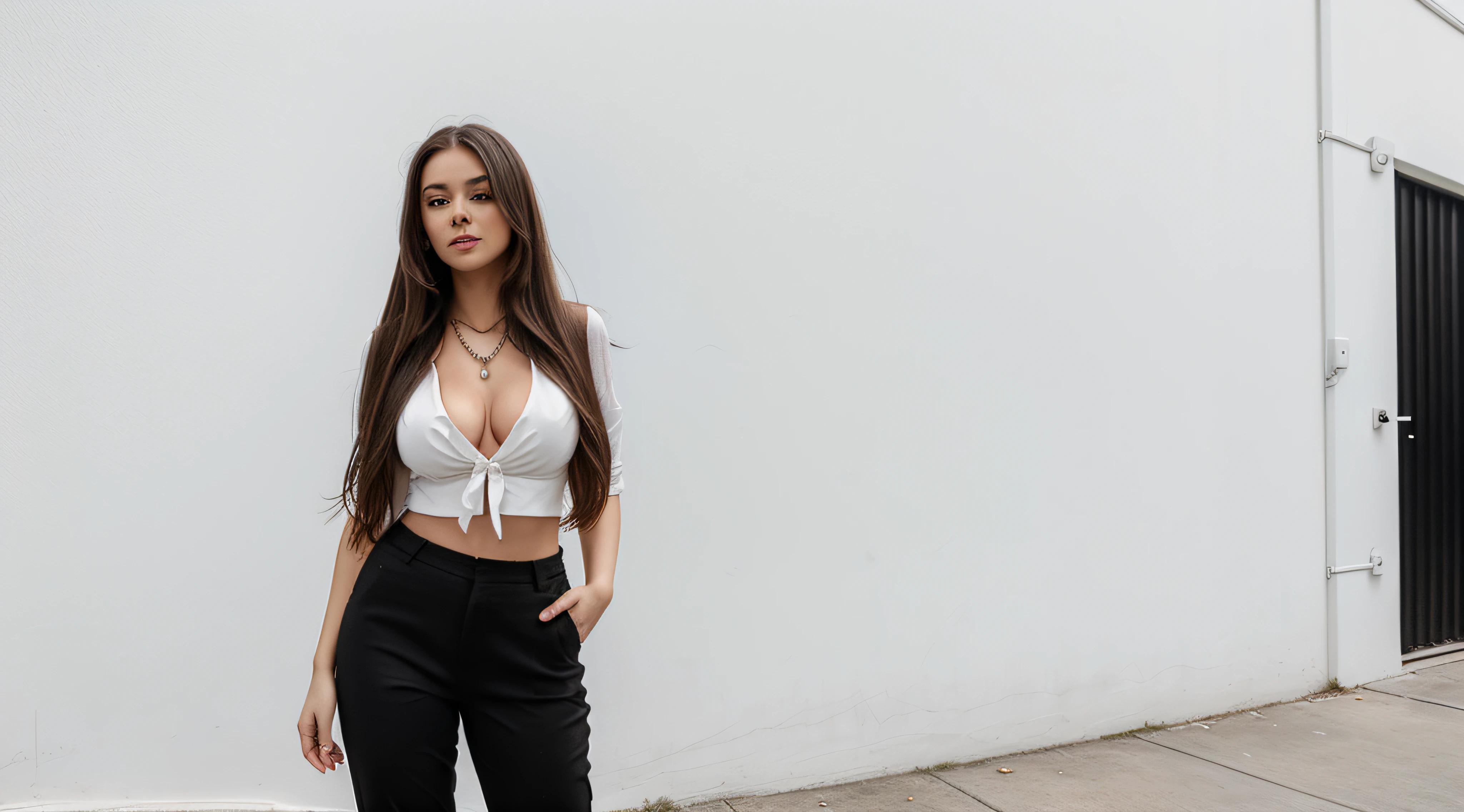 full body, long_hair, gorgeous, city girl, cleavage, western, cute top and black pants, hot girl, (masterpiece), standing at white wall, outside, no decorations, solo, no necklaces