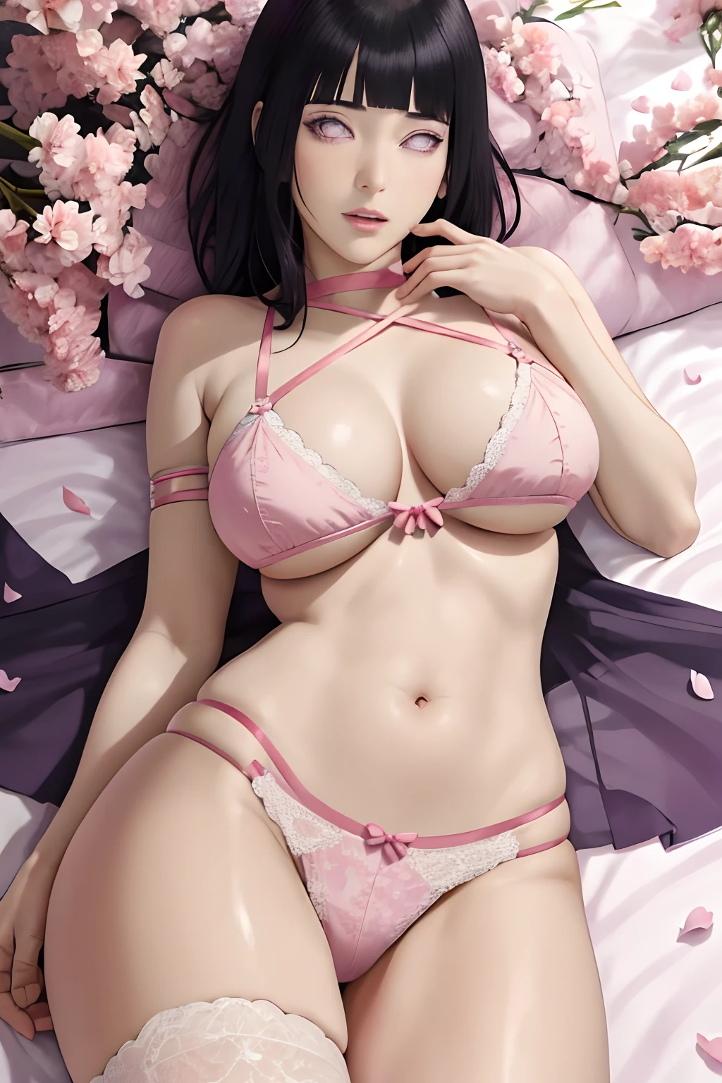 masterpiece, absurdres, hinata\(boruto\), 1girl, solo,mature female, lace bra straps front, looking at viewer, (falling petals), perfect composition, detailed lips, big breast, beautiful face, body propotion, blush, (pink lips), long hair, purple eyes, soft gaze, super realistic, detailed, photoshoot, realistic face and body,
