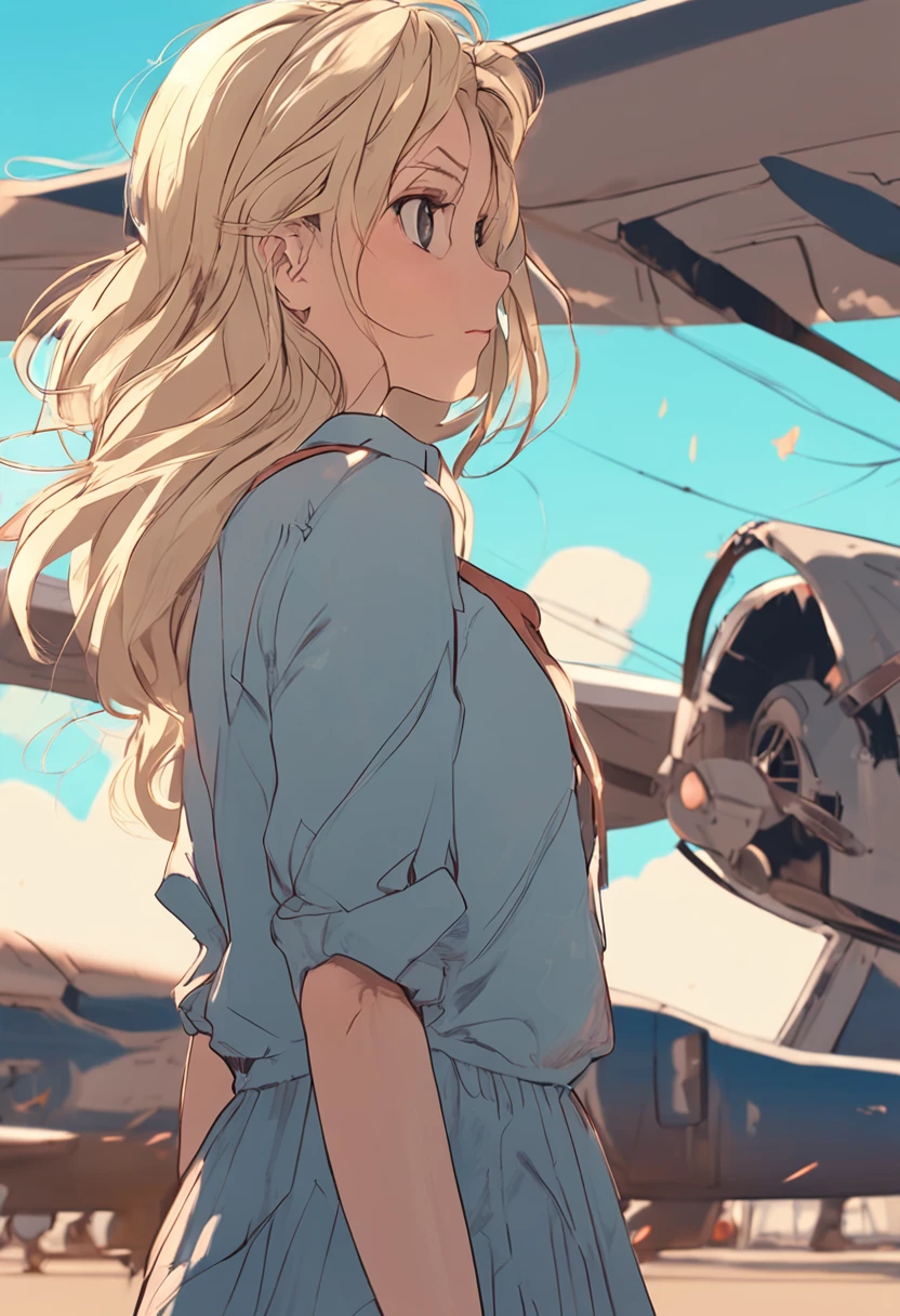 anime girl, blond hair, wearing simple light blue casual dress, long hair blowing in wind, girl looking up at big passenger plane flying close above her