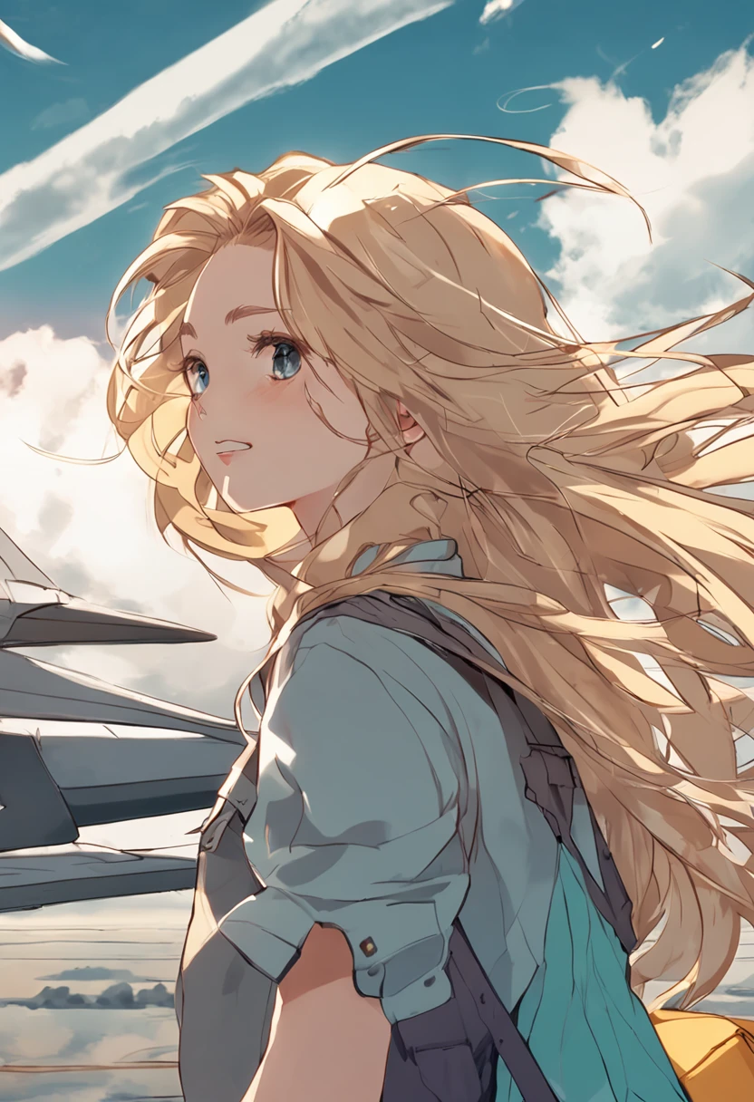 anime girl, blond hair, wearing simple light blue casual dress, long hair blowing in wind, girl looking up at big passenger plane flying close above her
