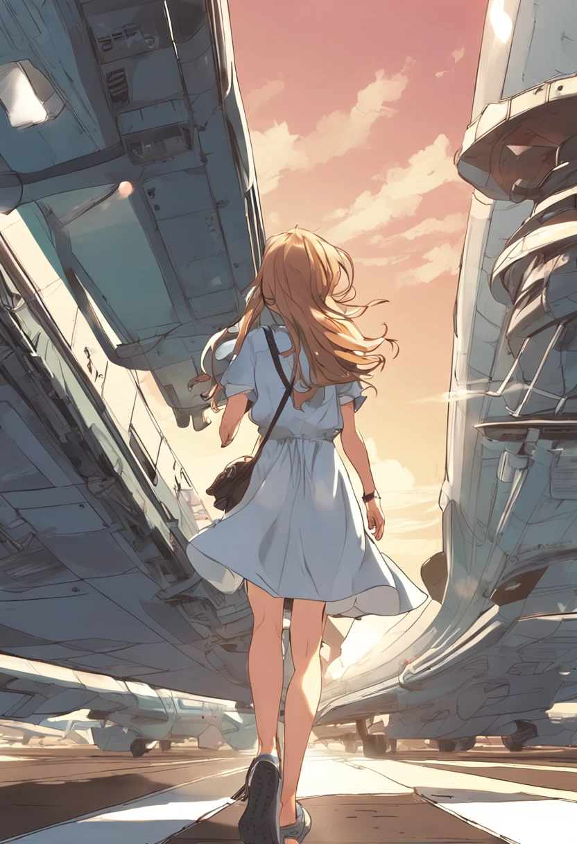 anime girl, blond hair, wearing simple light blue casual dress, long hair blowing in wind, girl looking up at big passenger plane flying close above her