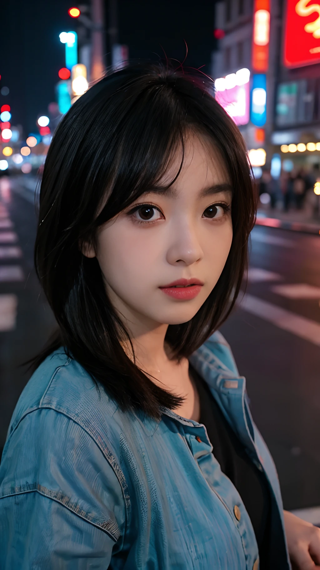 1girl, Tokyo street,night, cityscape,city lights, upper body,close-up, 8k, RAW photo, best quality, masterpiece,realistic, photo-realistic,