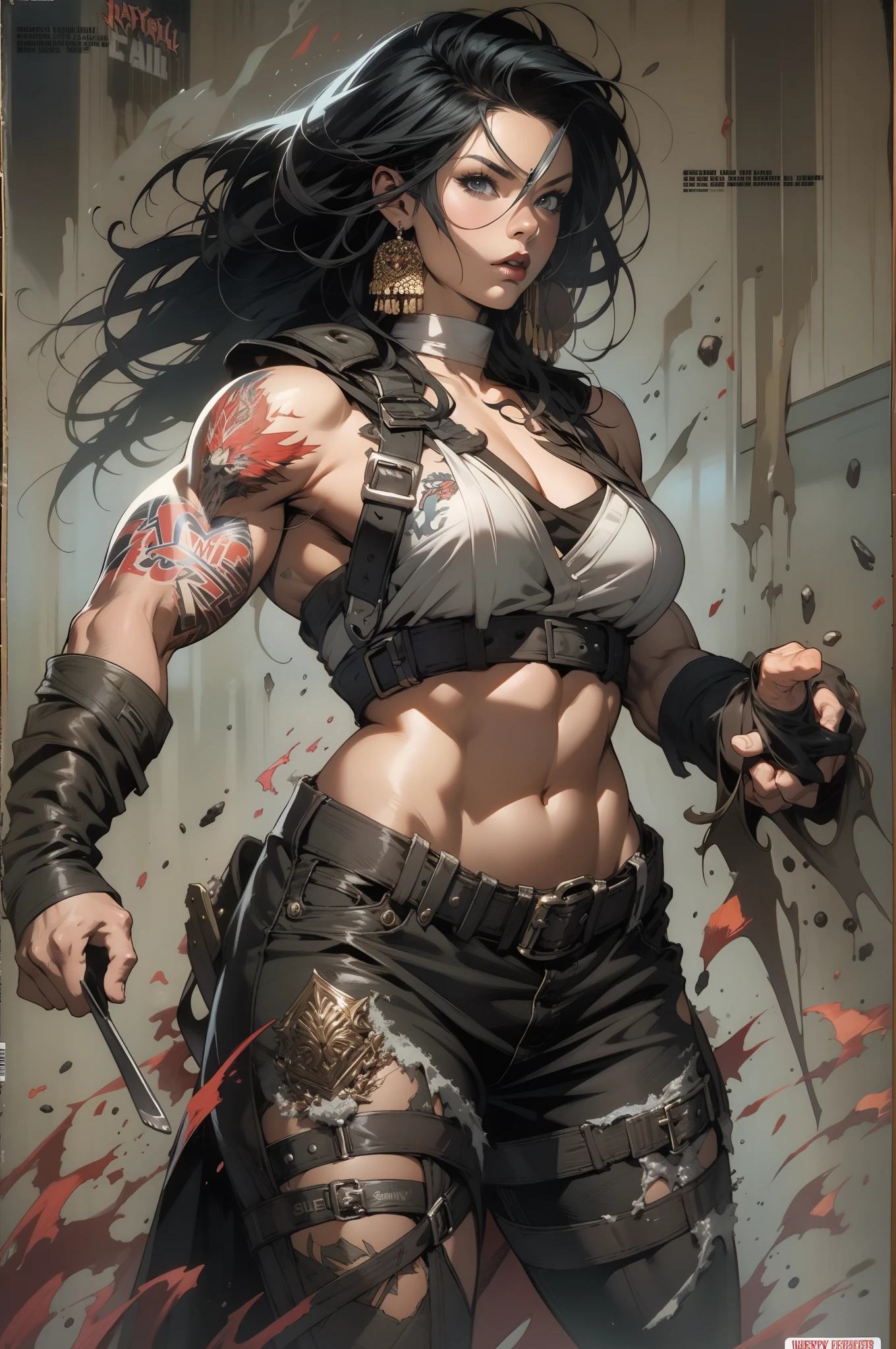 A muscular 35-year-old warrior woman almost naked in the Simon Bisley style for the cover of Heavy Metal magazine, hair half black half white, Minimum clothing, Short clothes,