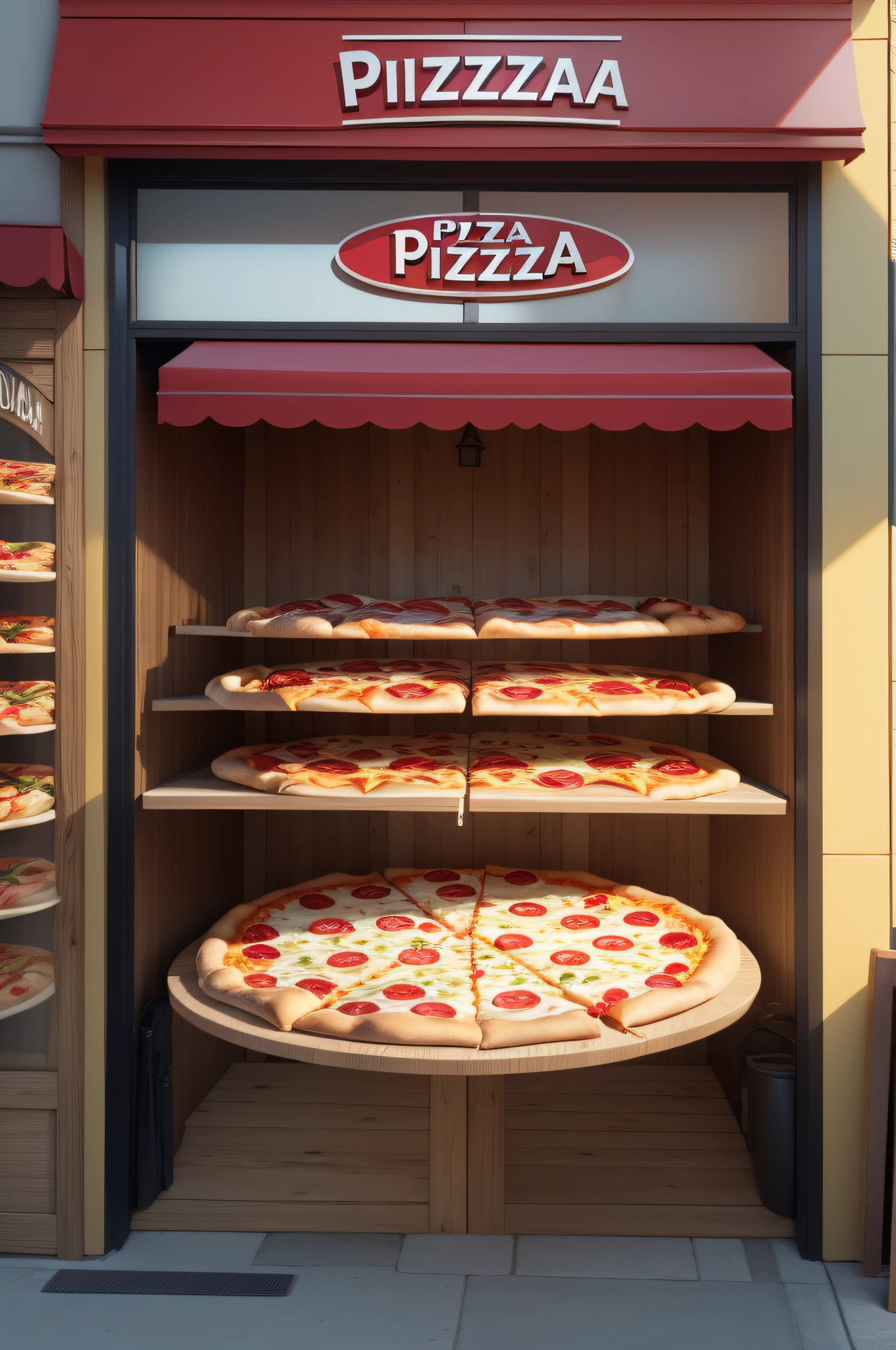 There are many different types of pizzas on display in a store, Realista Cinematic, conceitual, imagem de comida super realista, pizza a cabana, Directed by: David Ruby, padaria, loja altamente detalhada, pizza, um hiper realista, A torre inclinada da pizza, product exhibition, pizza is everywhere realistic Cinematic, pizza italiana, 3 dmax, Alimentos comerciais 4K Realista Cinematic, Directed by: Nikola Avramov, product render