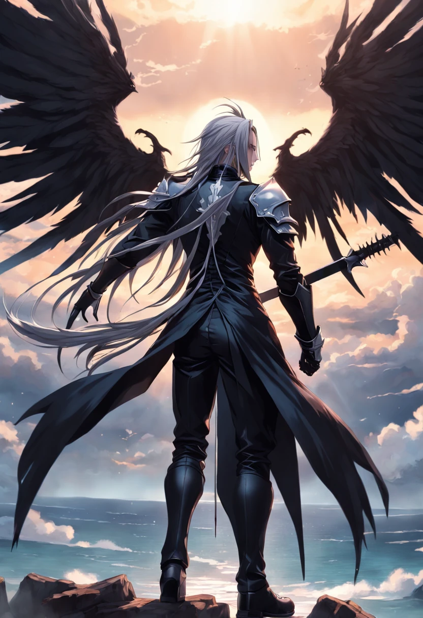 An incredibly detailed illustration of Sephiroth from Final Fantasy with his black suit and wings staring out at the horizon, corpo inteiro, incredible details, sombras perfeitas, Dynamic background, estilo de desenho hiper-realista.