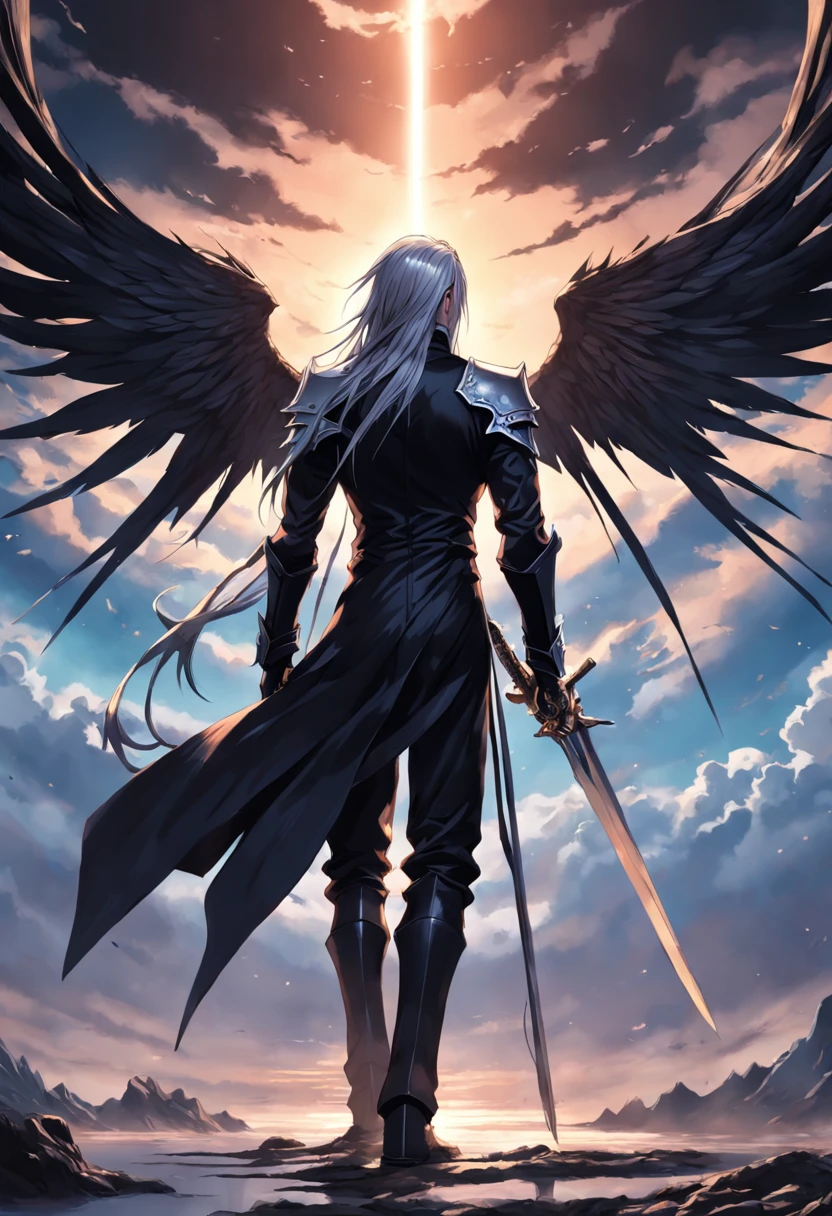 An incredibly detailed illustration of Sephiroth from Final Fantasy with his black suit and wings staring out at the horizon, corpo inteiro, incredible details, sombras perfeitas, Dynamic background, estilo de desenho hiper-realista.