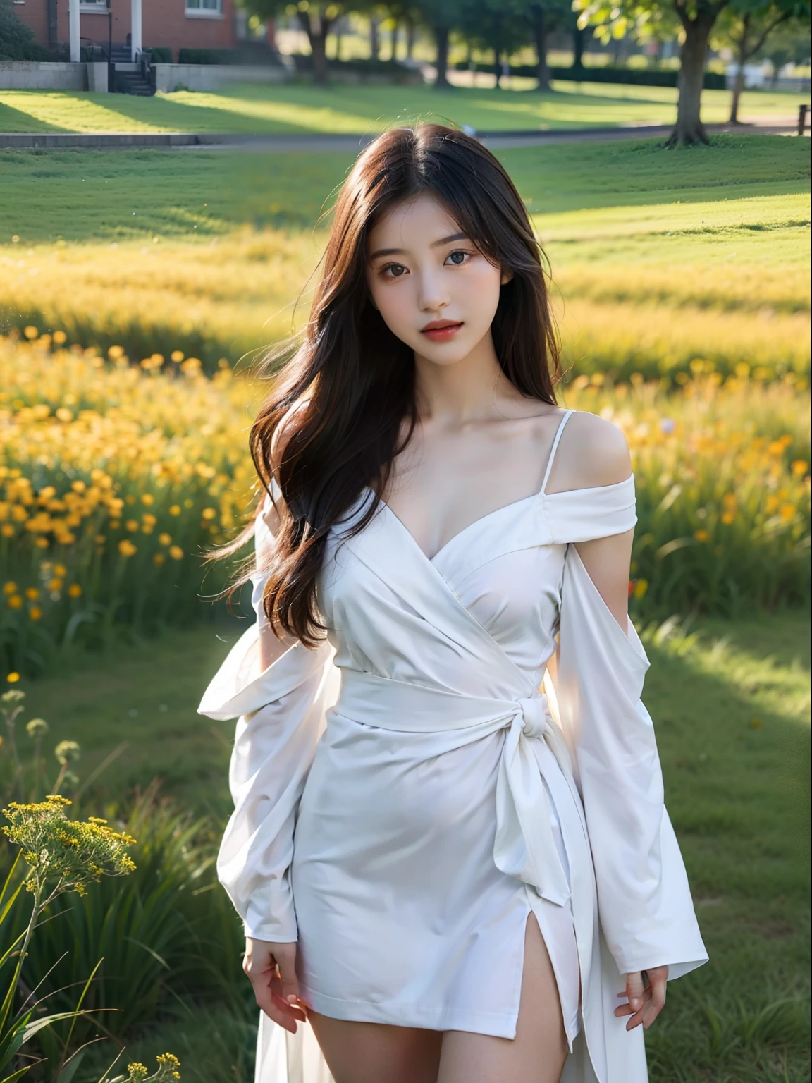 best best quality, bust，Refined face，pretty faces，20岁女生，Slim Figure，Smaller bust，open shoulders，Long robe，schoolyard，grass field，Multicolored flowers