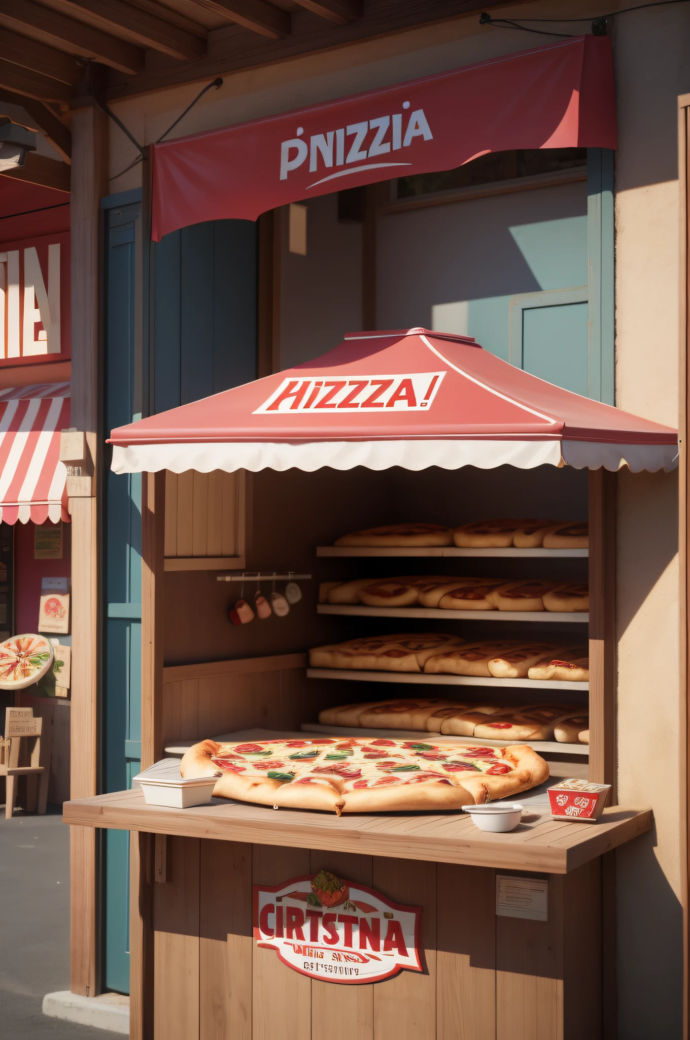 There are many different types of pizzas on display in a store, Realista Cinematic,  conceitual, imagem de comida super realista, pizza a cabana, Directed by: David Ruby, padaria, loja altamente detalhada, pizza, um hiper realista, A torre inclinada da pizza, product exhibition, pizza is everywhere realistic Cinematic, pizza italiana, 3 dmax, Alimentos comerciais 4K Realista Cinematic, Directed by: Nikola Avramov, product render