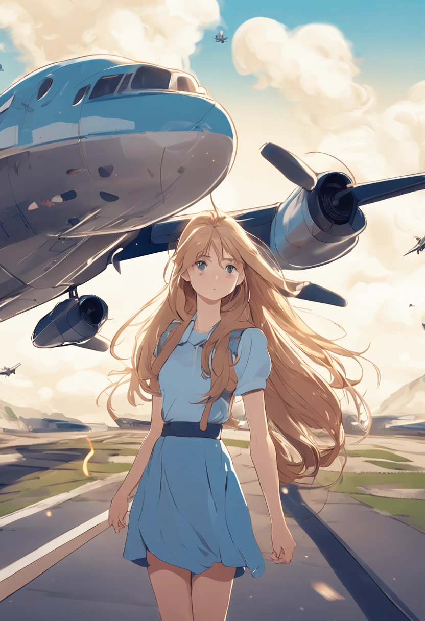 anime girl, blond hair, wearing simple light blue casual dress, long hair blowing in wind, looking at big passenger plane taking off from ground