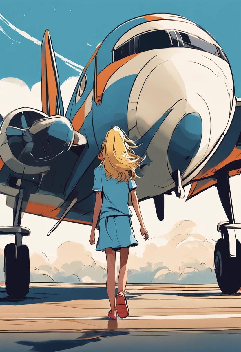 anime girl, blond hair, wearing simple light blue casual dress, long hair blowing in wind, looking at big passenger plane taking off from ground
