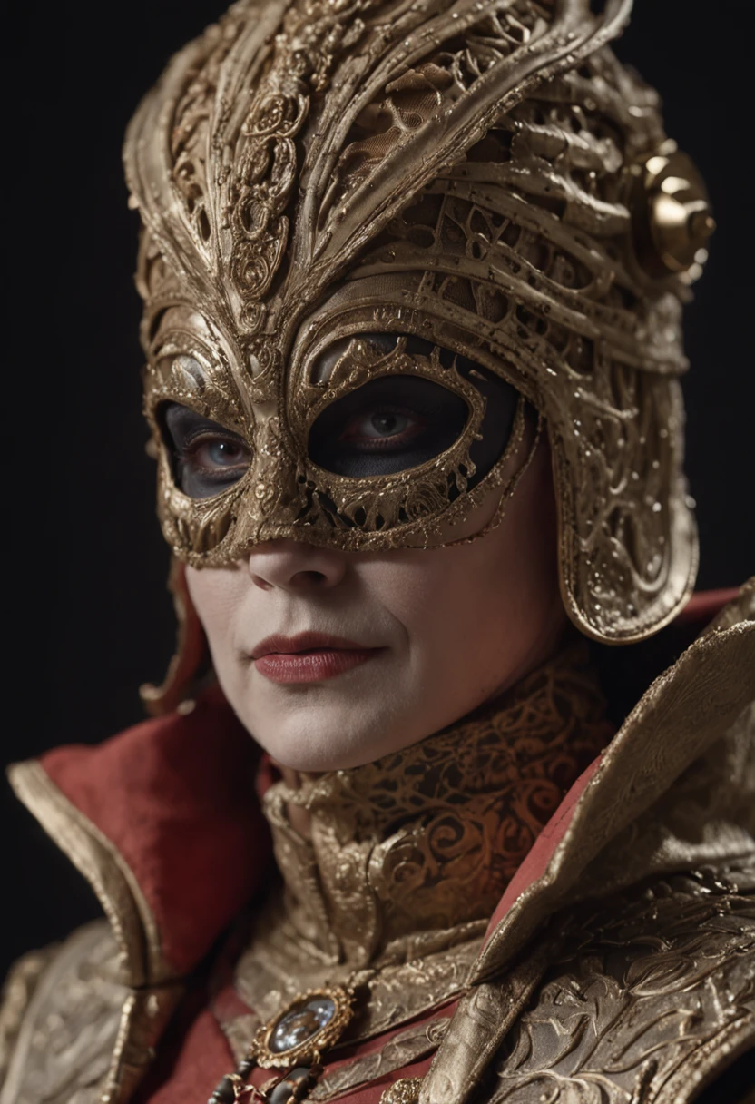 Villain decked out in full costume, futuristic detailed mask, golden dune, 135mm, high detail, 8K, super realistic --s 750