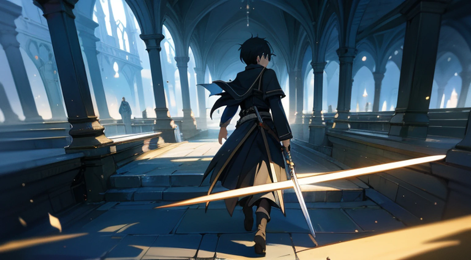 In this captivating manga scene, Kirito se destaca dentro de um reino de anime. The whole body is depicted, Against a meticulously detailed background that adds depth to the narrative. The art form chosen is digital illustration, habilmente executada pela renomada artista Yuko Shimizu. Kirito's expression reflects determination as he wields his sword, while lighting casts dynamic shadows, aumentando a intensidade da cena. A temperatura de cor inclina-se para tons mais frios, evoking a sense of mystery and adventure. Geral, The atmosphere exudes a mixture of emotion and anticipation. --V 5 --Estilizar 1000