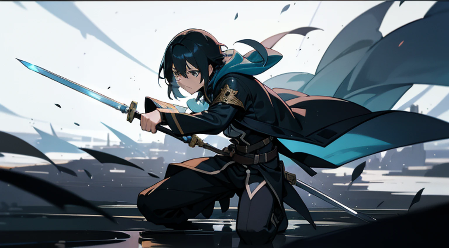 In this captivating manga scene, Kirito se destaca dentro de um reino de anime. The whole body is depicted, Against a meticulously detailed background that adds depth to the narrative. The art form chosen is digital illustration, habilmente executada pela renomada artista Yuko Shimizu. Kirito's expression reflects determination as he wields his sword, while lighting casts dynamic shadows, aumentando a intensidade da cena. A temperatura de cor inclina-se para tons mais frios, evoking a sense of mystery and adventure. Geral, The atmosphere exudes a mixture of emotion and anticipation. --V 5 --Estilizar 1000
