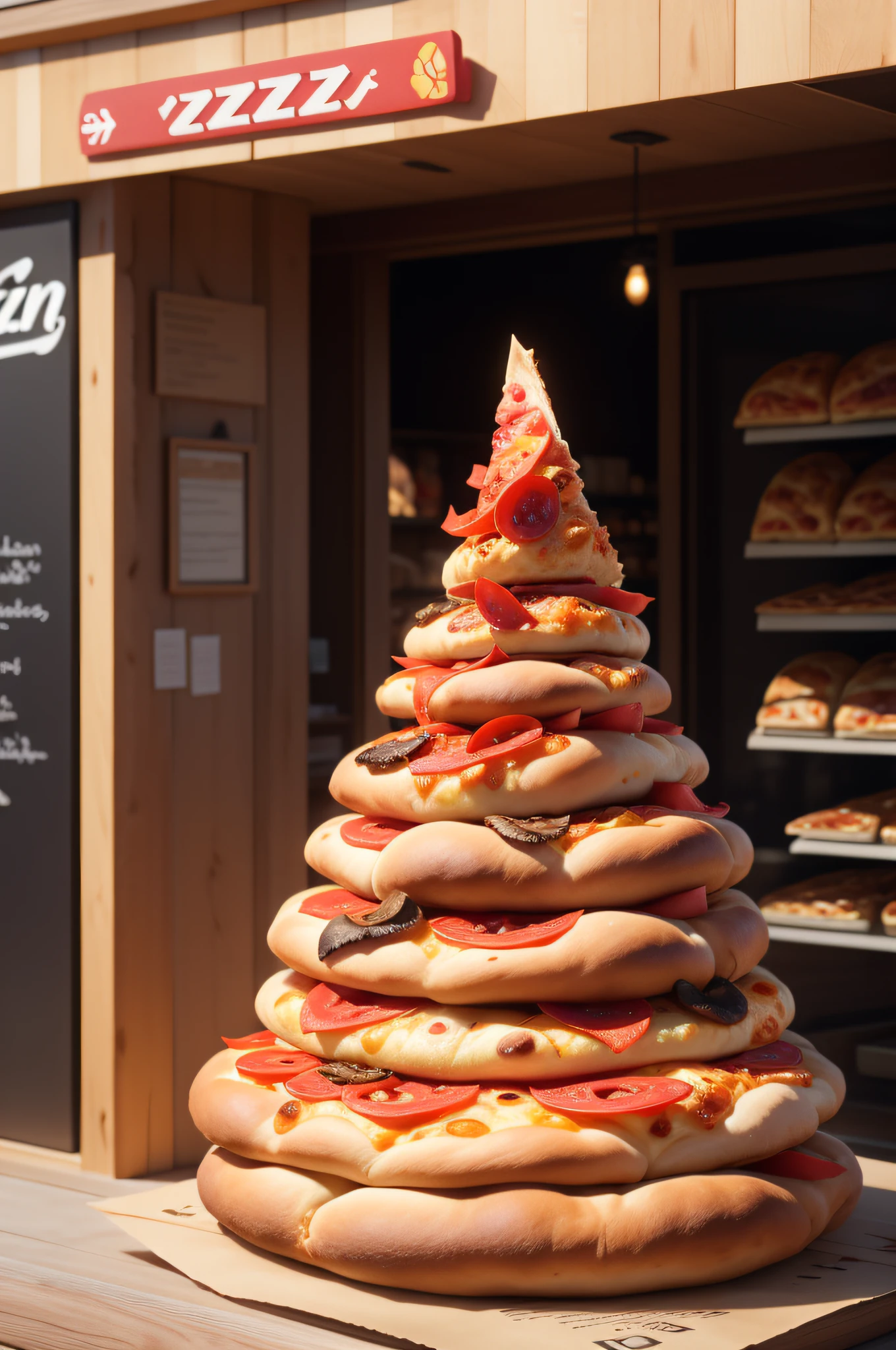 There are many different types of pizzas on display in a store, Realista Cinematic, conceitual, imagem de comida super realista, pizza a cabana, Directed by: David Ruby, padaria, loja altamente detalhada, pizza, um hiper realista, A torre inclinada da pizza, product exhibition, pizza is everywhere realistic Cinematic, pizza italiana, 3 dmax, Alimentos comerciais 4K Realista Cinematic, Directed by: Nikola Avramov, product render