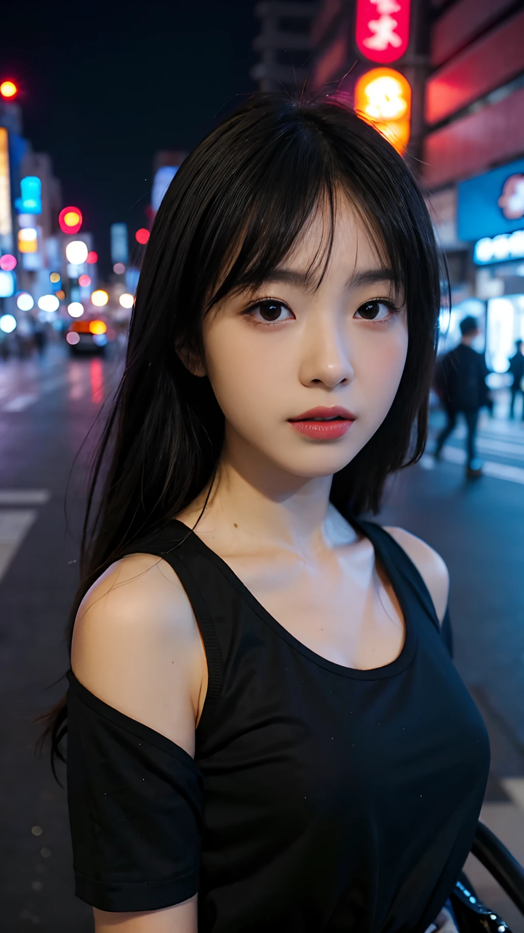 1girl, Tokyo street,night, cityscape,city lights, upper body,close-up, 8k, RAW photo, best quality, masterpiece,realistic, photo-realistic,