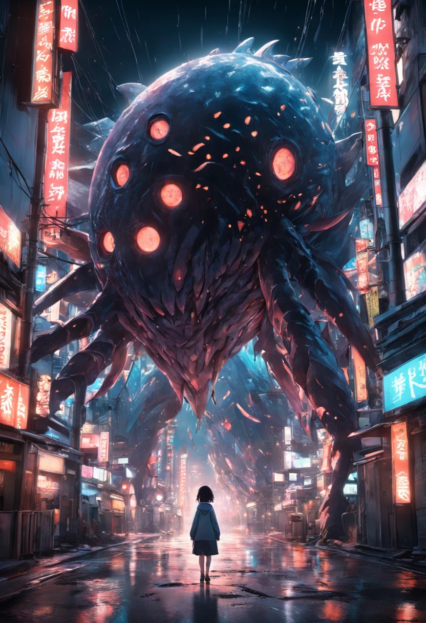 Best quality, Masterpiece, Ultra-high resolution, Super huge and ferocious (Anthropomorphic fish) Monsters, glowing light eyes, Broken streets, Broken cities, The ground is covered with gravel, Broken billboards, Japan Invaders, 8K, Natural light surreal sci-fi scene, From the bottom point of view (light and shadow effect),(Depth of field effect),(Tyndall),(Light particle tracking),(CG),(Horror movie lighting visuals),(voluminetric lighting),(Bright colors),