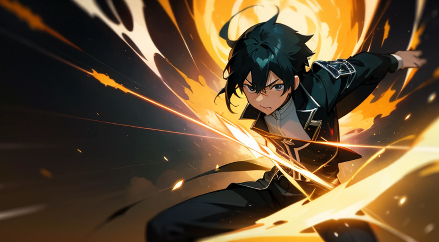 Kirito using his electric powers and speed to elegantly escape an explosion of flames amid the chaos, captured through the lens of a 35mm photograph. O momento congela no tempo, highlighting his intensity and determination when maneuvering with delicacy. The color temperature is warm, destacando a natureza ardente da cena. His focused expression and crackling energy are illuminated by dramatic side lighting, Creating an atmosphere of exciting action. --V 5 --Estilizar 1000