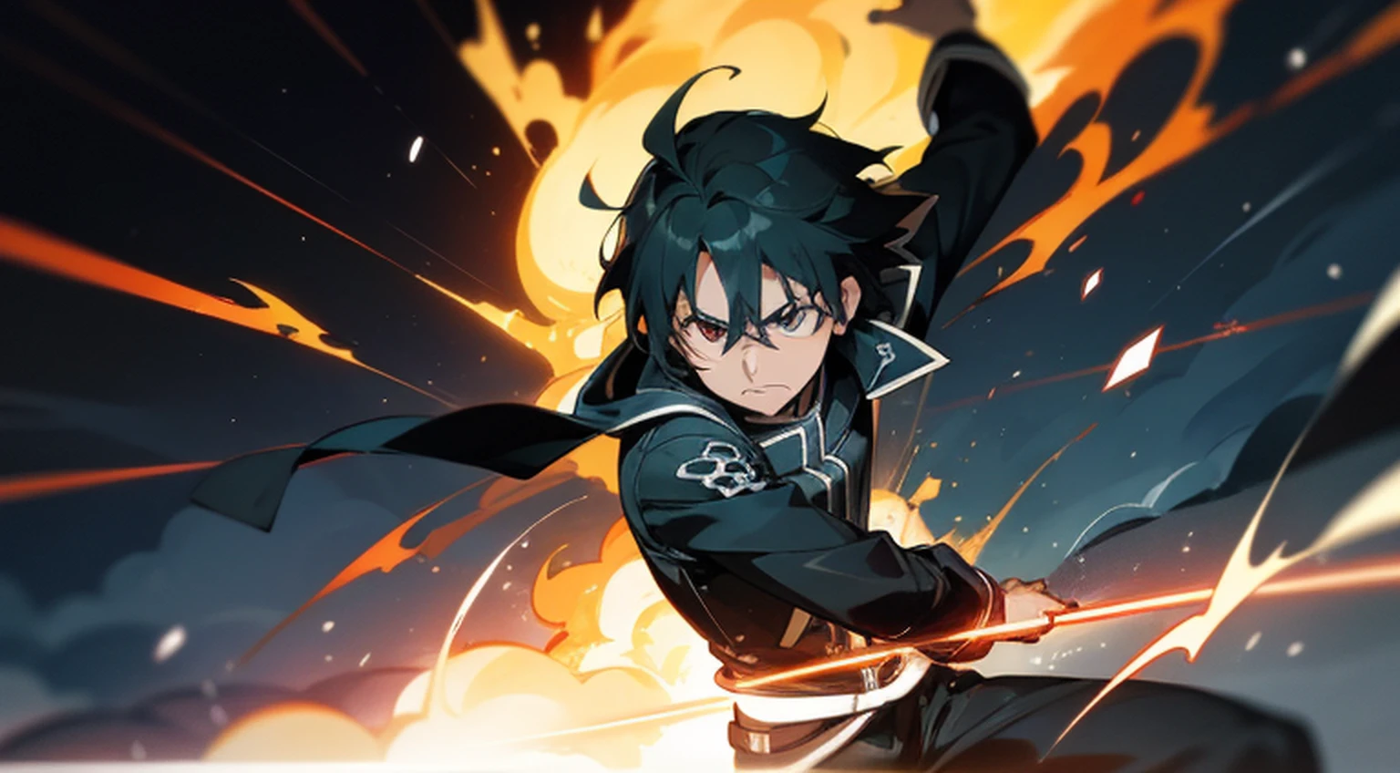 Kirito using his electric powers and speed to elegantly escape an explosion of flames amid the chaos, captured through the lens of a 35mm photograph. O momento congela no tempo, highlighting his intensity and determination when maneuvering with delicacy. The color temperature is warm, destacando a natureza ardente da cena. His focused expression and crackling energy are illuminated by dramatic side lighting, Creating an atmosphere of exciting action. --V 5 --Estilizar 1000