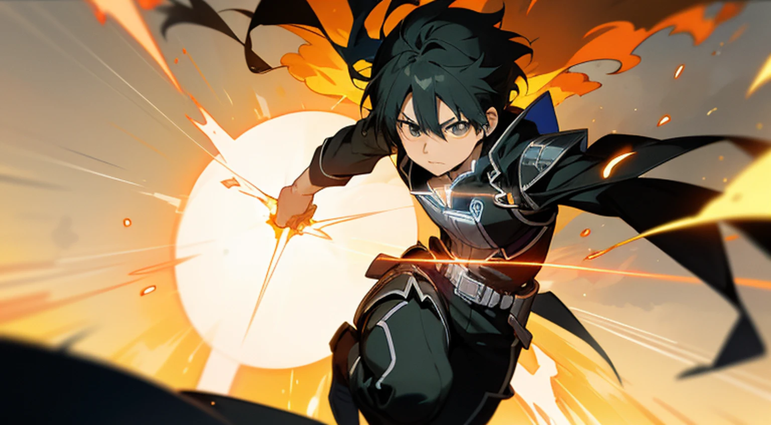 Kirito using his electric powers and speed to elegantly escape an explosion of flames amid the chaos, captured through the lens of a 35mm photograph. O momento congela no tempo, highlighting his intensity and determination when maneuvering with delicacy. The color temperature is warm, destacando a natureza ardente da cena. His focused expression and crackling energy are illuminated by dramatic side lighting, Creating an atmosphere of exciting action. --V 5 --Estilizar 1000