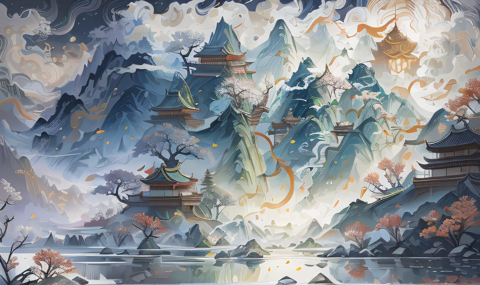 Draw mountain views with rivers and pagodas, A beautiful artwork illustration, highly detailed digital artwork, 4k highly detailed digital art, highly detailed digital painting, intricate digital painting, Beautiful digital artwork, scenery art detailed, Onmyoji detailed art, 4 k highly detailed art, Highly detailed digital art, Floating mountains, 4k detailed art, very detailed digital painting
