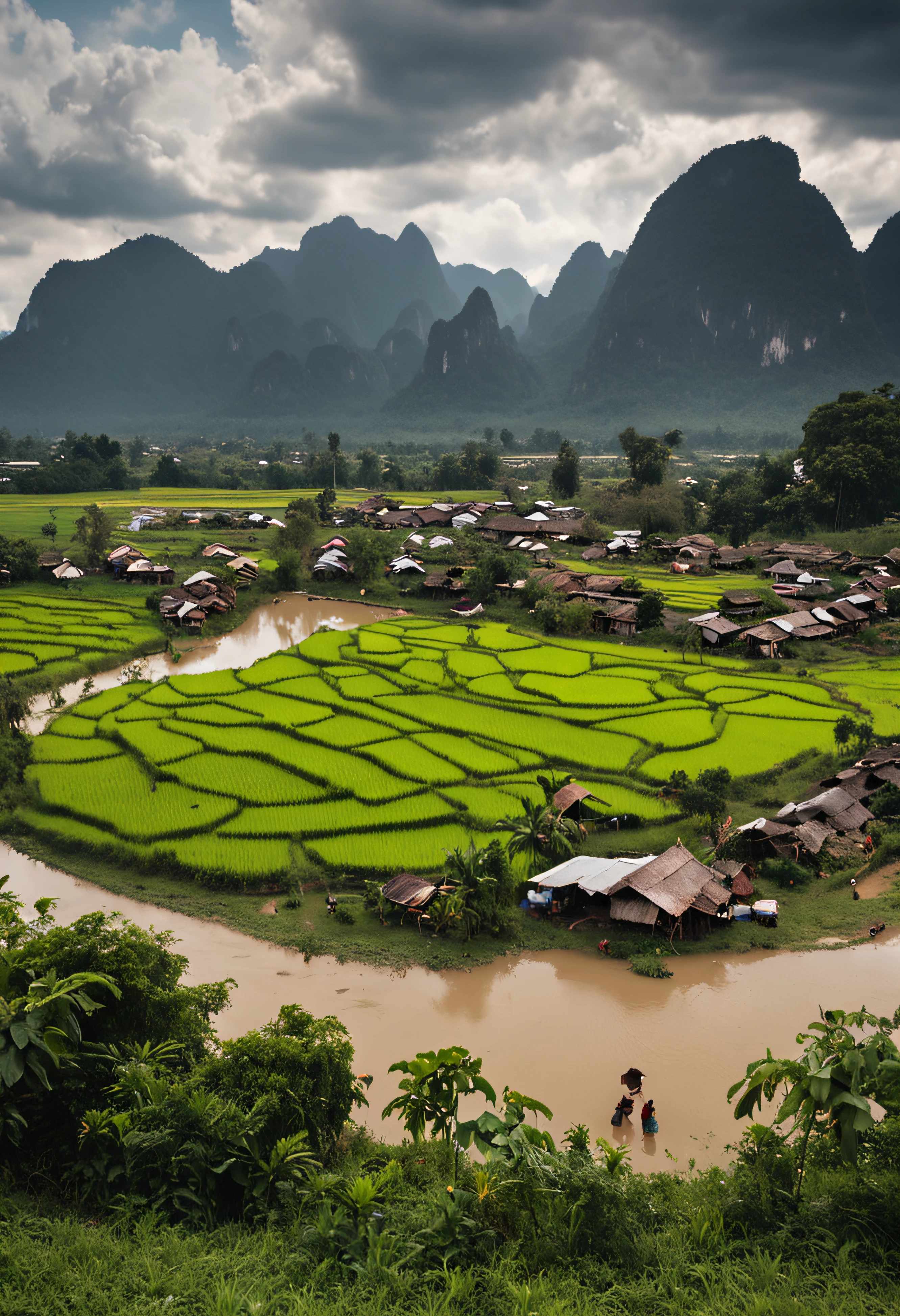 Vang Vieng Lao peasants are surrounded by small hills..，In the middle is a flat rice field with endless views..，Golden grain。There is a small river at the foot of the mountain..，On both sides of the river planted bamboo clusters..，Small children herding cows，While running happily in the fields..