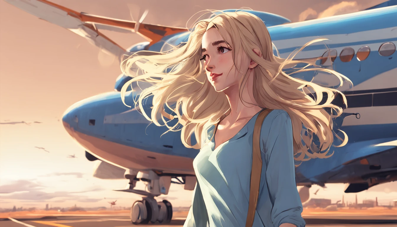 anime girl, blond hair, wearing simple light blue casual dress, long hair blowing in wind, looking at big passenger plane taking off from ground