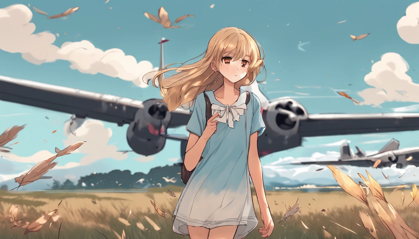 anime girl, blond hair, wearing simple light blue casual dress, long hair blowing in wind, looking at big passenger plane taking off from ground
