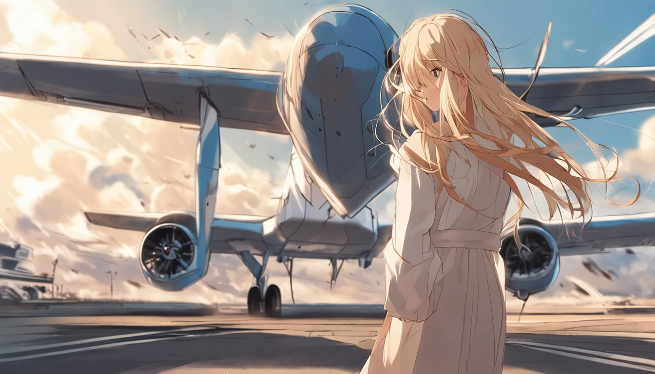anime girl, blond hair, wearing simple light blue casual dress, long hair blowing in wind, looking at big passenger plane taking off from ground
