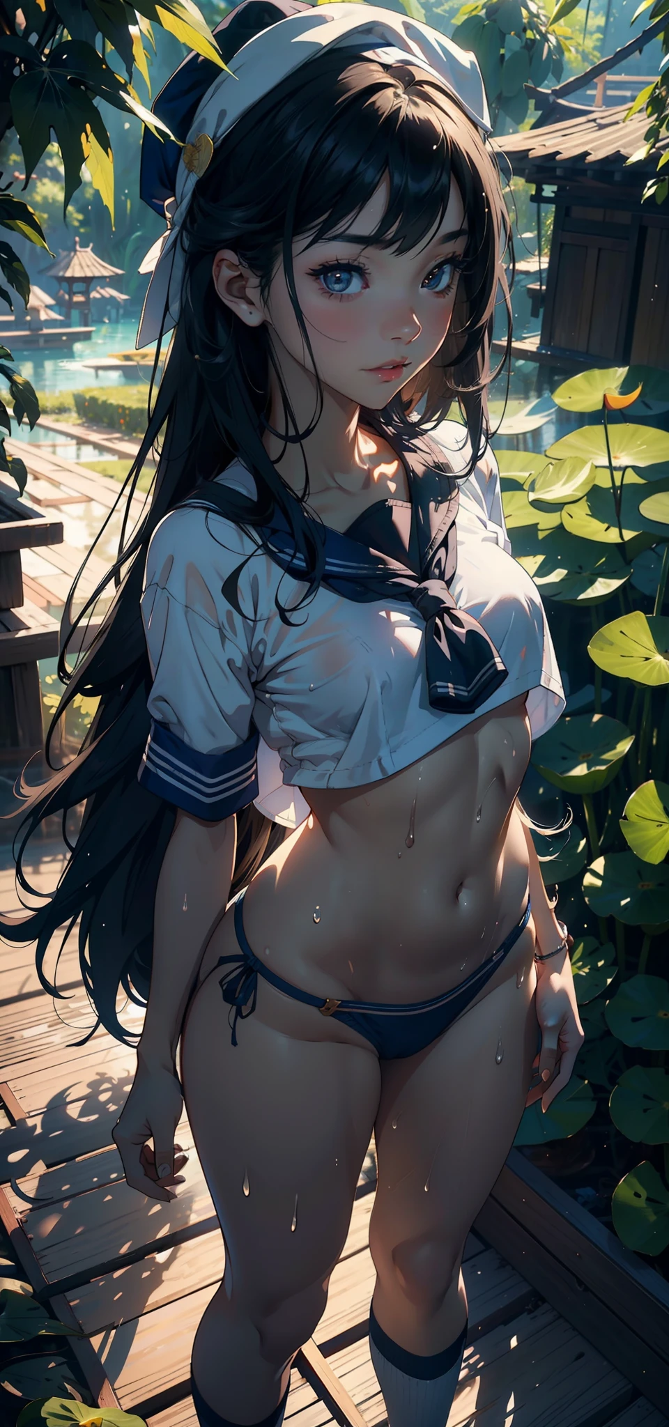 1female,1 year old,Slim,Small loli,smallunderboob ,Pornographic exposure, 独奏,(Background with:bamboo forrest,lotuses,lotus flower,exteriors,Lotus pond) She has long black hair,standing on your feet,Sweat profusely,drenched all over the body,seen from the front, hair straight, mostly cloudy sky,(((tmasterpiece),(Very detailed CG unity 8K wallpaper),best qualtiy,cinmatic lighting,detailed back ground,beatiful detailed eyes,Bright pupils,(Very fine and beautiful),(Beautiful and detailed eye description),ultra - detailed,tmasterpiece,)),facing at camera,A high resolution,ultra - detailed),revealing breasts,Bare genitalia, Bulge,legs are open,Raised sexy,Camel toes,Flushed complexion,Open-mouthed,frontage,elementary student,(Wearing:Blue sailor uniform,Sailor's cap,athletic sneakers)Full body photo,Show shoes