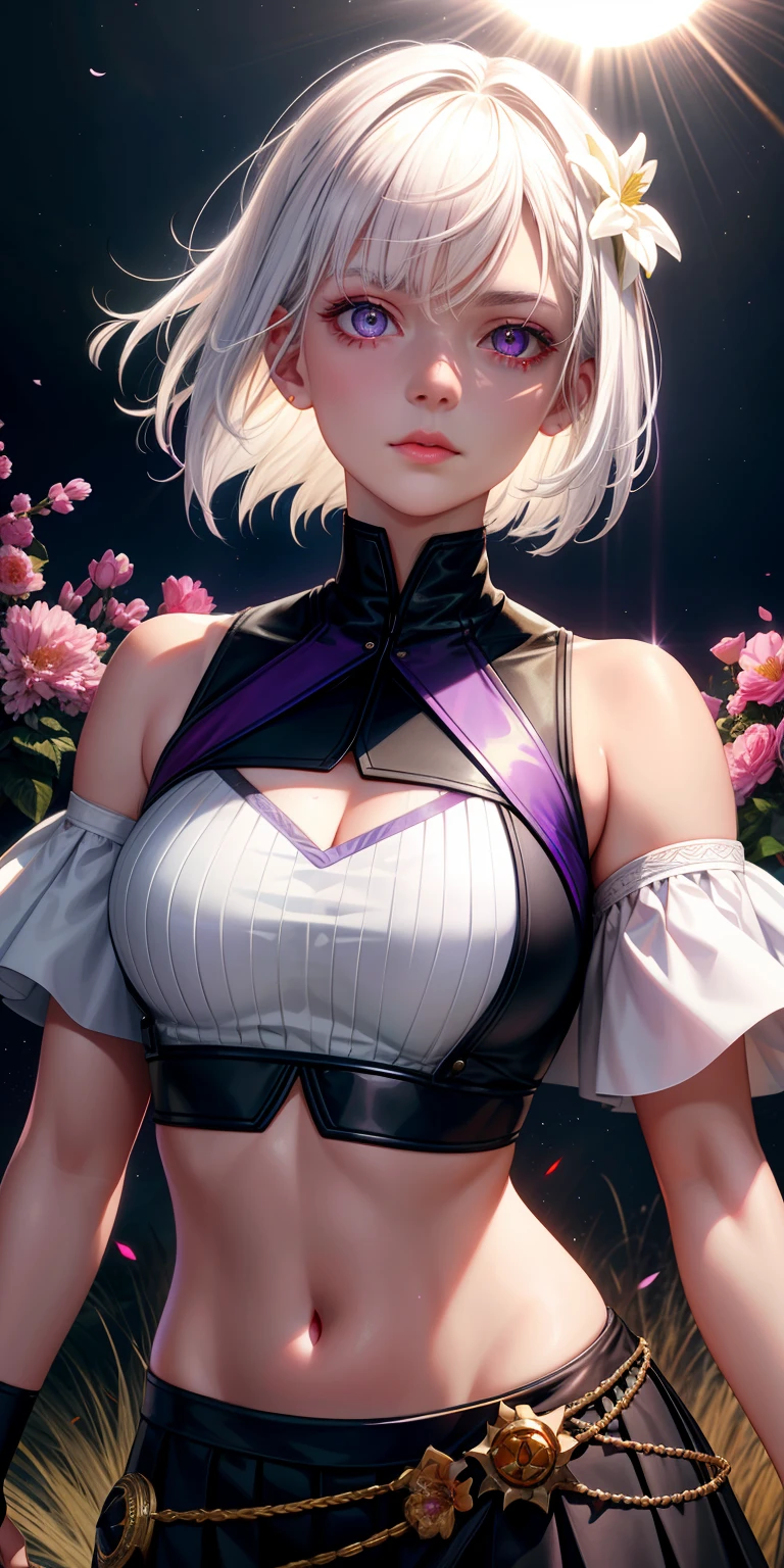 realistic, 1girl, white hair, purple eyes, glowing eyes, crop top, skirt, parted lips, blush, night, flowers, sun, sunlight,