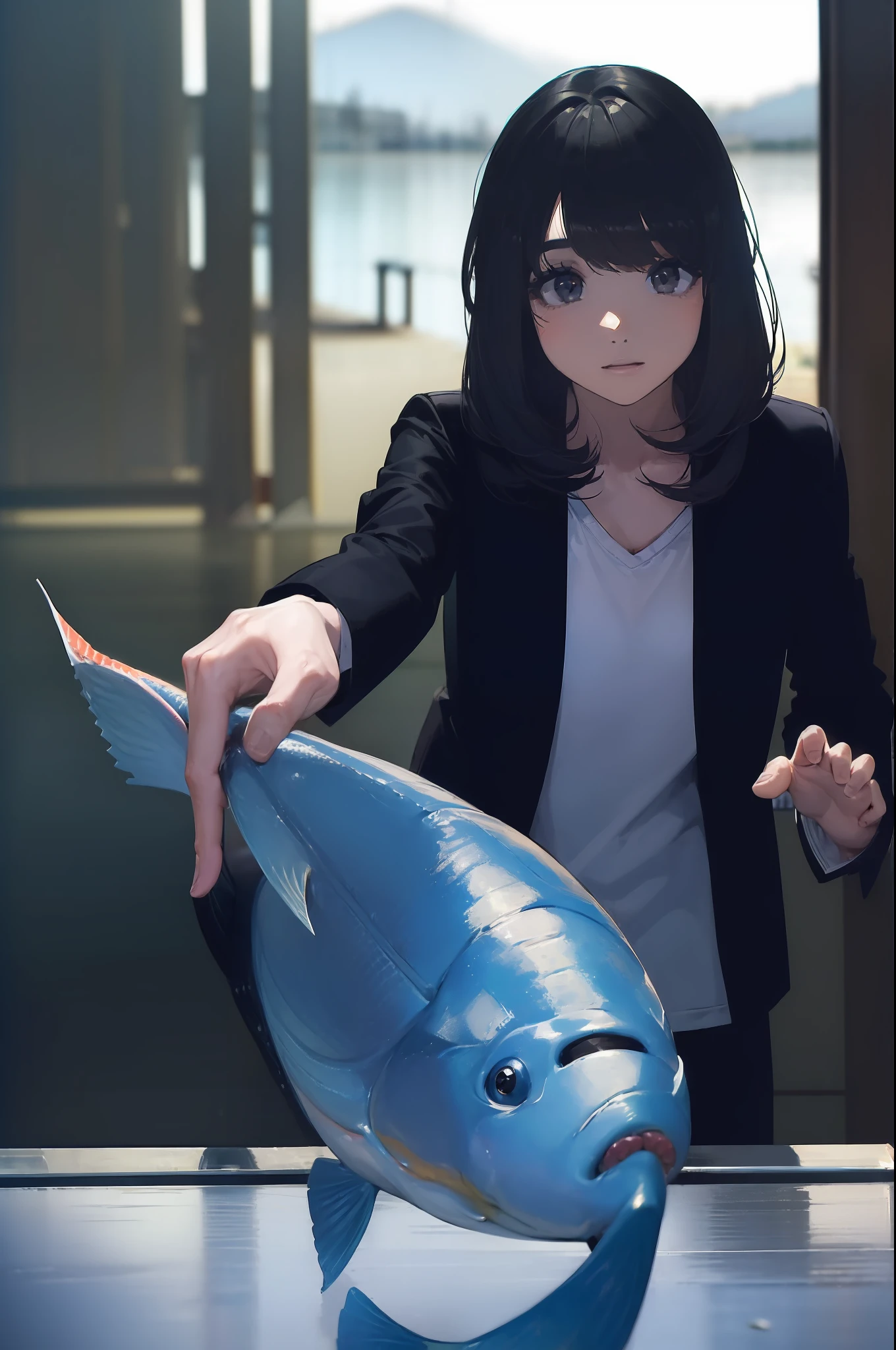 ((((catching a big fish by the lakeside:1.5)))),((Female 28 years old)),((Best Quality:1.5)),((((Hands with the correct number and structure of fingers:1.5)))),((Big fish:1.37)),hight resolution,ultra-detailliert,masterpiece,best qualtiy,(Eight-headed body),Black hair, long eyes-lashes, Solid Circle Eyes, drop shadow, Atmospheric perspective,Super Detail, ccurate, small brest,(Black jacket and black jeans :1.1),top-quality, blurry backround, bokeh dof:1.2, (masterpiece:1.3), Atmospheric perspective,Super Detail,dynamic compositions,