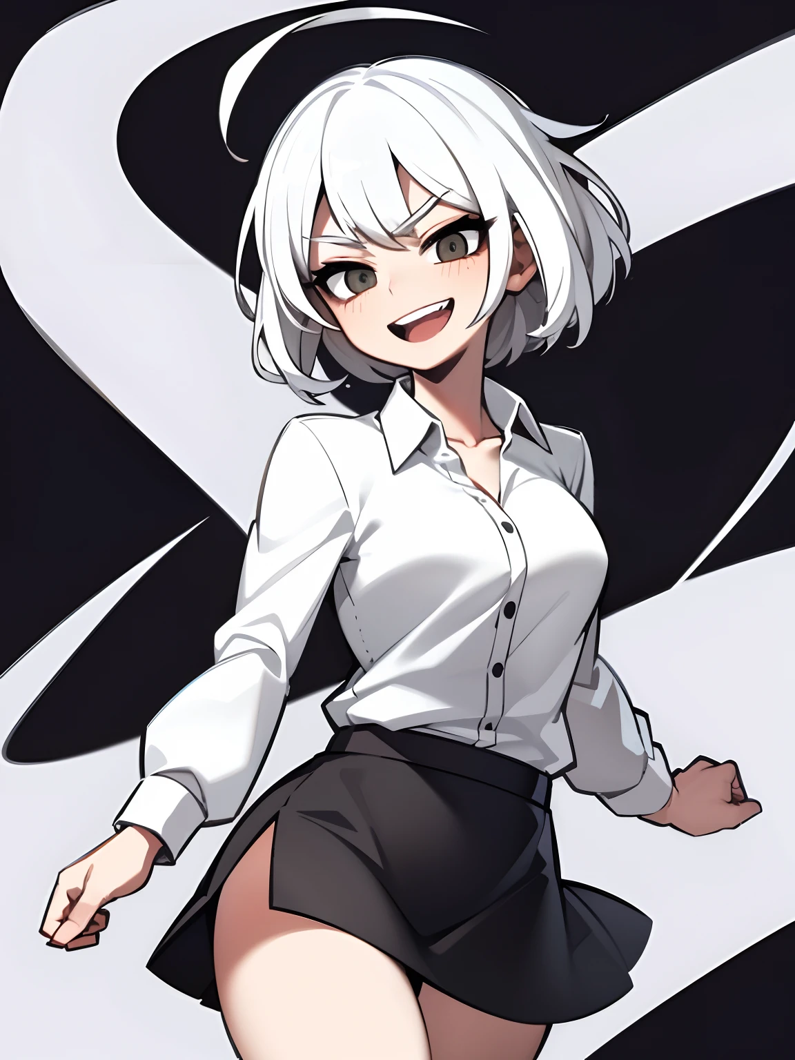 ((masterpiece, best quality)), (1girl), (solo), (female focus), (ahoge, white hair, short hair), black eyes, light smile, open mouth, ((white shirt), (buttoned shirt ), (button slit)), ((black dress), (short skirt)), standing, white background, behind arms, dynamic angle