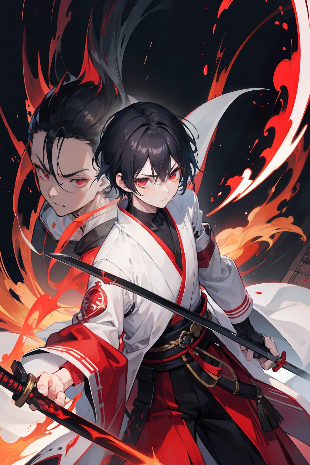 2boys,cabelos preto e longos,Red-eyed age man,Stand on an empty street at night,extreme hight detail,White jacket,Black Hakama,Aoba Ori,Holding a huge blood-colored weapon in one hand,A Japanese style,Intimidating,Engulfed in flames、Sword,wall-paper,CG compositing,Japan best swordsman、action、Glowing eerily with lightning、worn-out