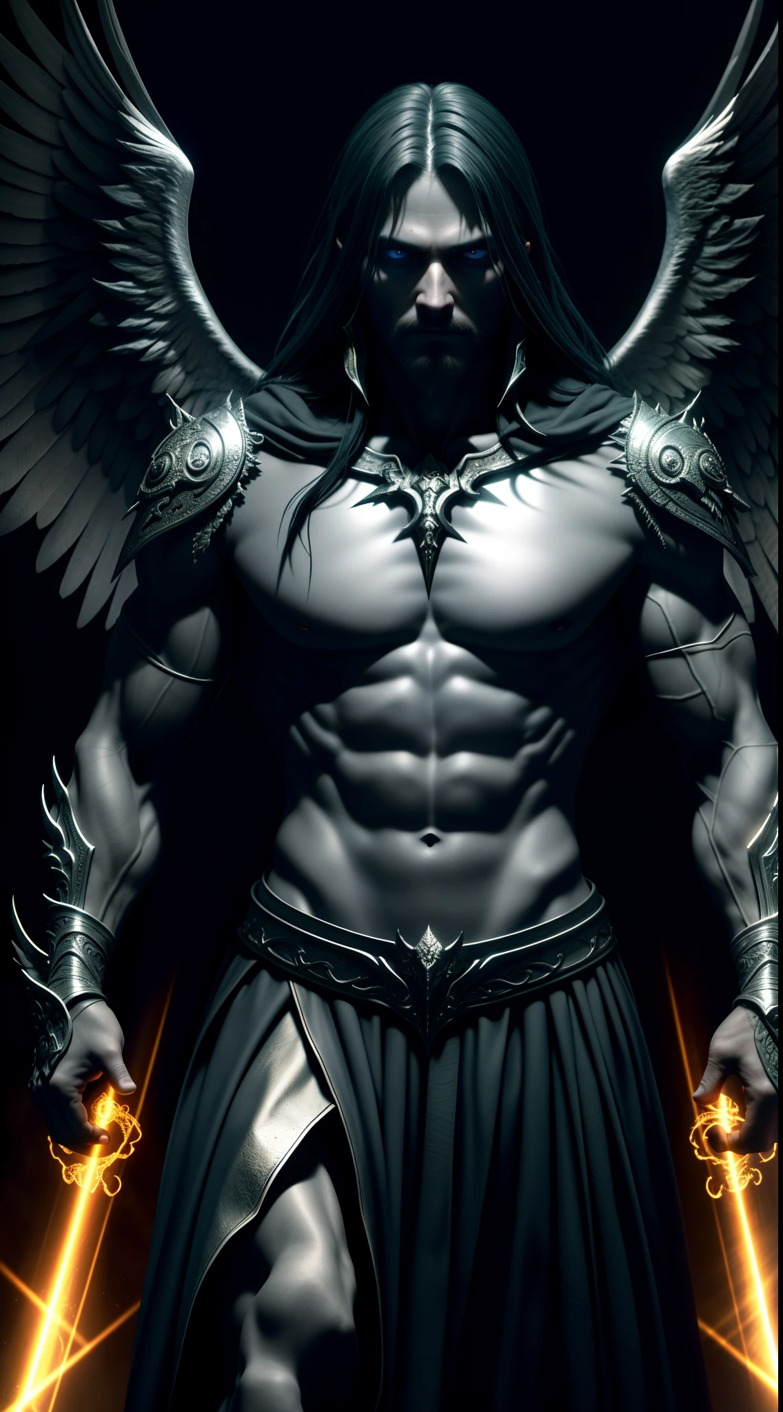 dark, (ashenhard style:1.1),, a male angel, with beams of light enveloping his body, his feathery wings are spread out, a golden halo over his head, muscular, beard, masculine, masterpiece, best quality, intricate detail, absurdres, high detail RAW color Photo, highly detailed, harsh lighting, cinematic lighting, detailed eyes, distinct pupils, contrast, textured skin, cold skin pores, hard light, gigapixel, feet visible, flawless face, 8k resolution, beautiful, cinematic, elegant, hyperrealistic, octane render, unreal, high definition, 8k resolution, highly detailed, 8k uhd, professional lighting, photon mapping, radiosity, physically-based rendering, perfect face, detailed face and body, award-winning photography, detailed face, backlight, ultrarealistic, ray tracing, intense gaze, cinematic lighting