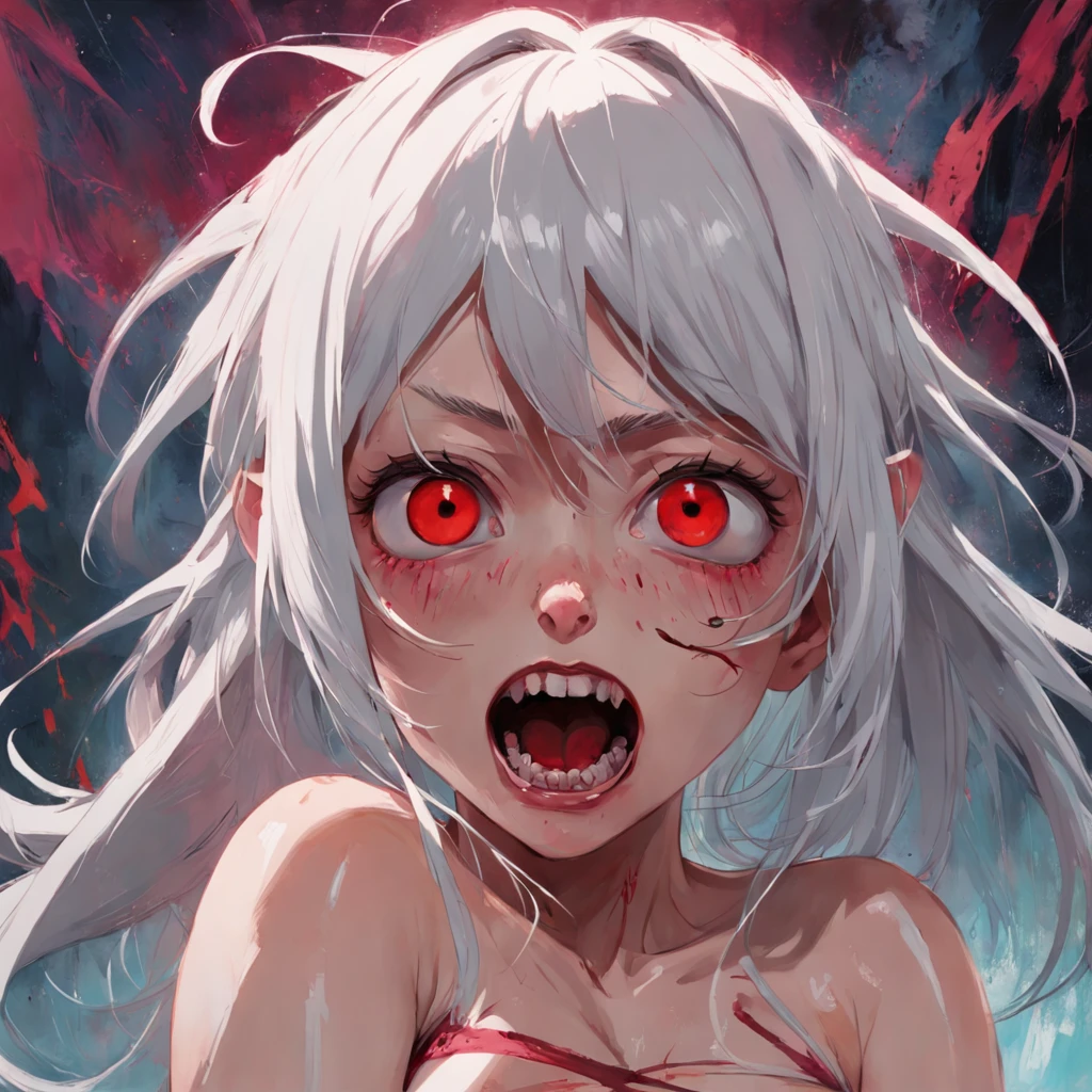 There is ugliness in the beauty, But there is beauty in the ugly, Young women, White hair, Red eyes, big laughter,fang,Little devil,,banya,in the style of adrian ghenie, Esao Adrus, jenny saville, edward hopper, surrealism, dark art by james jean, tall and big, Minimalist ink punk, Masterpiece, Best quality, Ultra detailed, Detailed light, Vibrant colors, Detailed face, Dietal's eyes, darkly