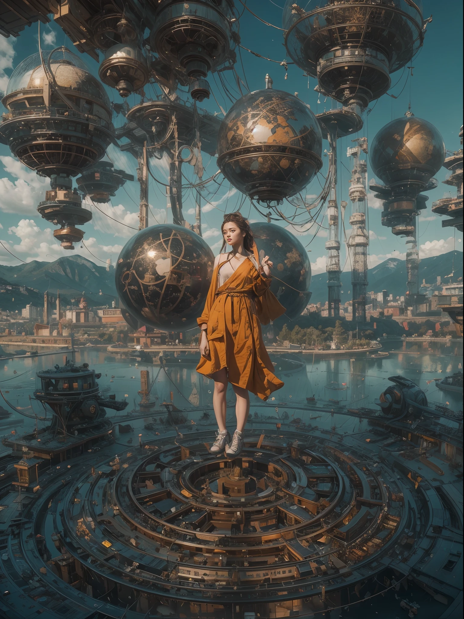 ((La mejor calidad)), ((obra maestra)), (muy detallado:1.3), Beautiful 25-year-old girl levitating on water, ella esta ubicada en el centro, levitating over the water of a lake with mountains in the background,spheres with fractal designs around, cyberpunk, Fractal design in the background, FUTURISTA, golden ratio, 3D tessellation of metal structures, neuronal graph, neuronas, Color, amor, passion, oil on canvas, pinceladas gruesas, Stunningly Detailed, 8k, obra maestra, Artstation, surrealista, obra maestra, realista, realismo, fotorrealismo, alto contraste, photorealistic digital art trending on artstation 8k hd high definition detailed realistic, detallado, textura de la piel, hiper detallado, textura realista de la piel, armadura, mejor calidad, ultra-high-resolution, , high resolusion, detallado, foto sin procesar, nikon d850 film stock photograph 4 kodak portra 400 camera f1.6 Lens rich colors hyper realistic texture dramatic lighting UnrealEngine trend in Artstation Cinestill 800,