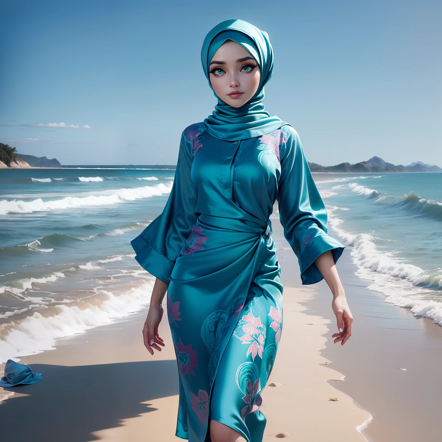 3DMM, ((Masterpiece, best quality, photography, detailed skin, realistic, photo-realistic, 8k, highly detailed, full length frame, High detail RAW color art, diffused soft lighting, shallow depth of field, sharp focus, hyperrealism, cinematic lighting, hijab, a woman in a beautifully makeup, smokey eyeshadow, beautiful big eyes, long eye lashes, wearing ((teal satin hijab), loosely tide hijab style)), With a straw hat, ((satin Batik pario dress shirt)), Wide-brimmed hat, walking in the beach in Pakistan，Warm light background