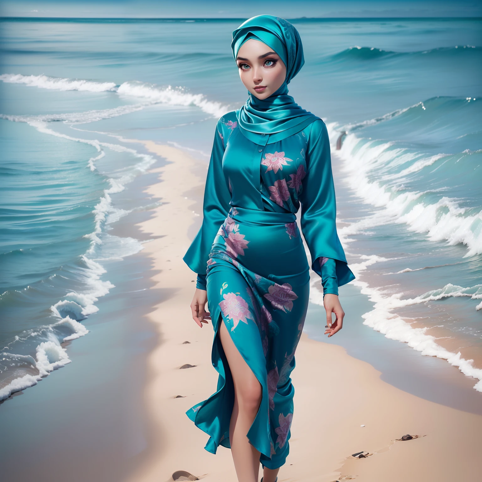 3DMM, ((Masterpiece, best quality, photography, detailed skin, realistic, photo-realistic, 8k, highly detailed, full length frame, High detail RAW color art, diffused soft lighting, shallow depth of field, sharp focus, hyperrealism, cinematic lighting, hijab, a woman in a beautifully makeup, smokey eyeshadow, beautiful big eyes, long eye lashes, wearing ((teal satin hijab), loosely tide hijab style)), ((satin Batik pario dress shirt)), (with Wide-brimmed hat on the tops) , walking in the beach,Warm light background