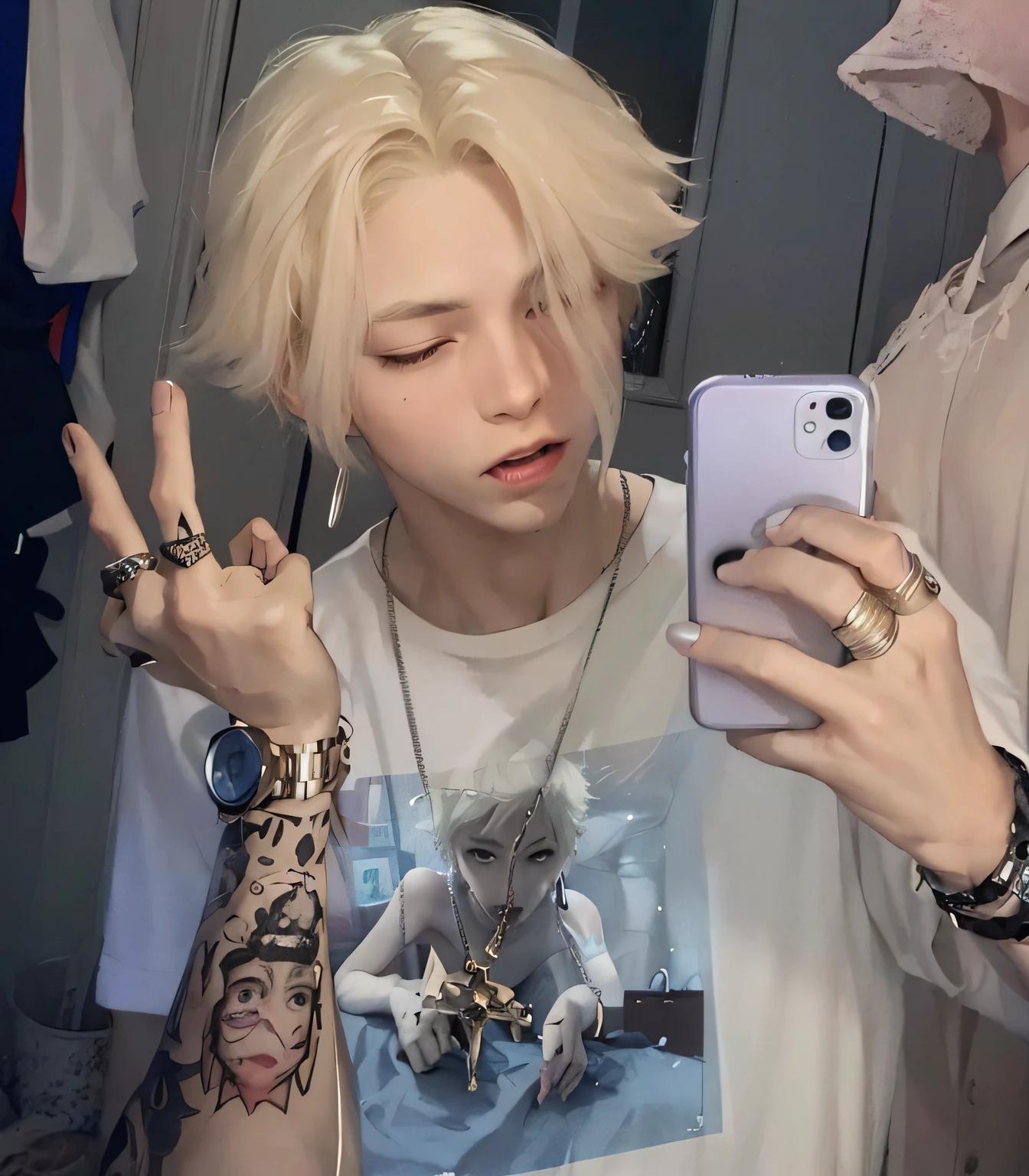 arafed blonde haired man taking a selfie with his phone, style of seb mckinnon, delicate androgynous prince, tommy 1 6 years old, beautiful androgynous prince, xxxtentacion, lil peep, short platinum hair tomboy, with index finger, cai xukun, xqc, he is about 2 0 years old, he is about 20 years old