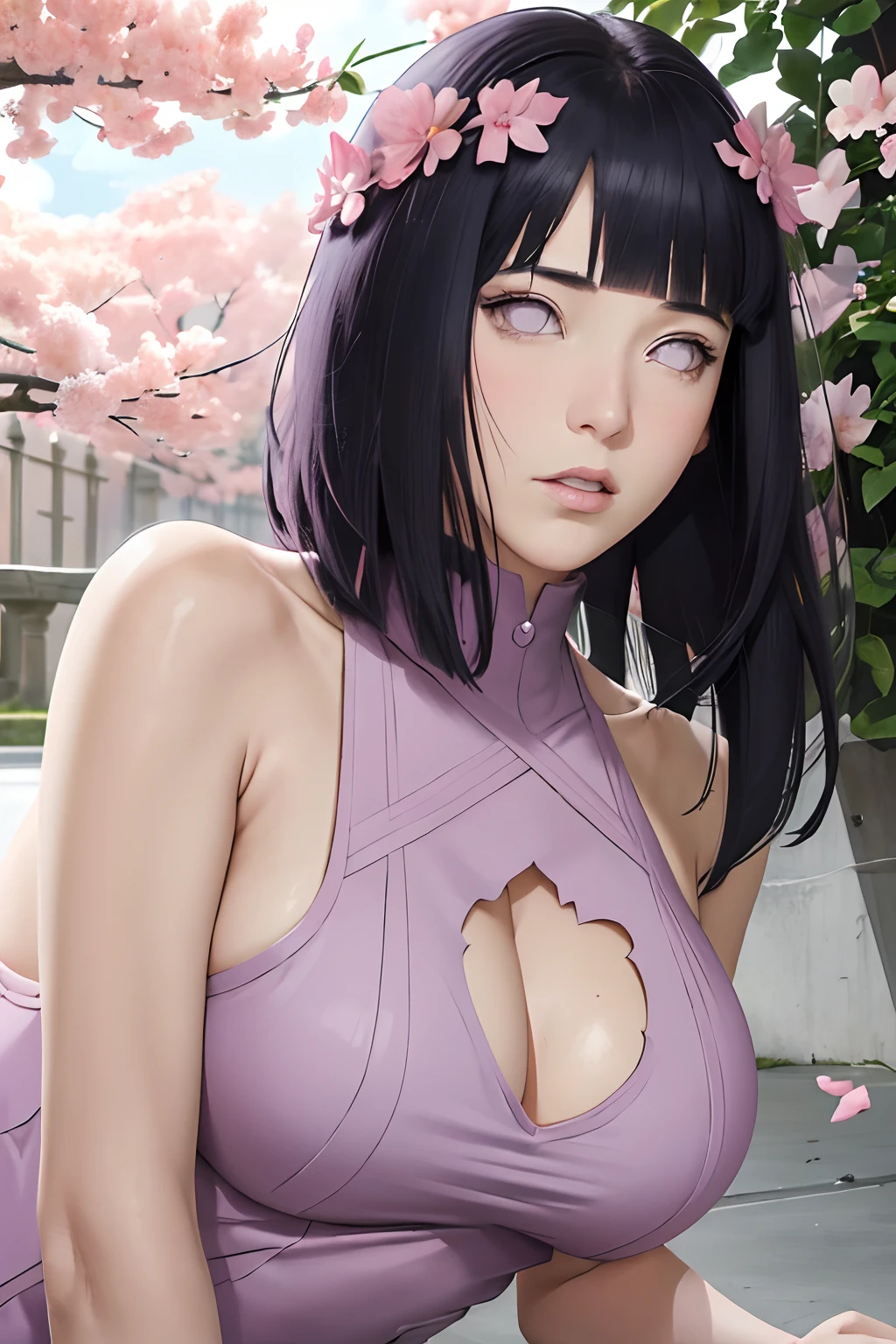 masterpiece, absurdres, hinata\(boruto\), 1girl, solo,mature female, midi bodycon dress, looking at viewer, (falling petals), perfect composition, detailed lips, big breast, beautiful face, body propotion, blush, (pink lips), long hair, purple eyes, soft gaze, super realistic, detailed, photoshoot, realistic face and body,