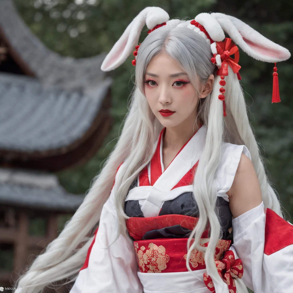 asian young woman, (long white bunny ears), (red-white cute shrine maiden outfit), long white hair, Twintails and bangs, traditional japanese hair ornaments, busty, shinto shrine under night sky with full moon, sitting, white stockings, athletic, deep red lips