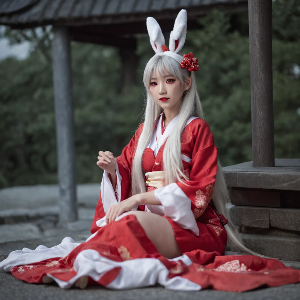 asian young woman, (long white bunny ears), (red-white cute shrine maiden outfit), long white hair, Twintails and bangs, traditional japanese hair ornaments, busty, shinto shrine under night sky with full moon, sitting, white stockings, athletic, deep red lips